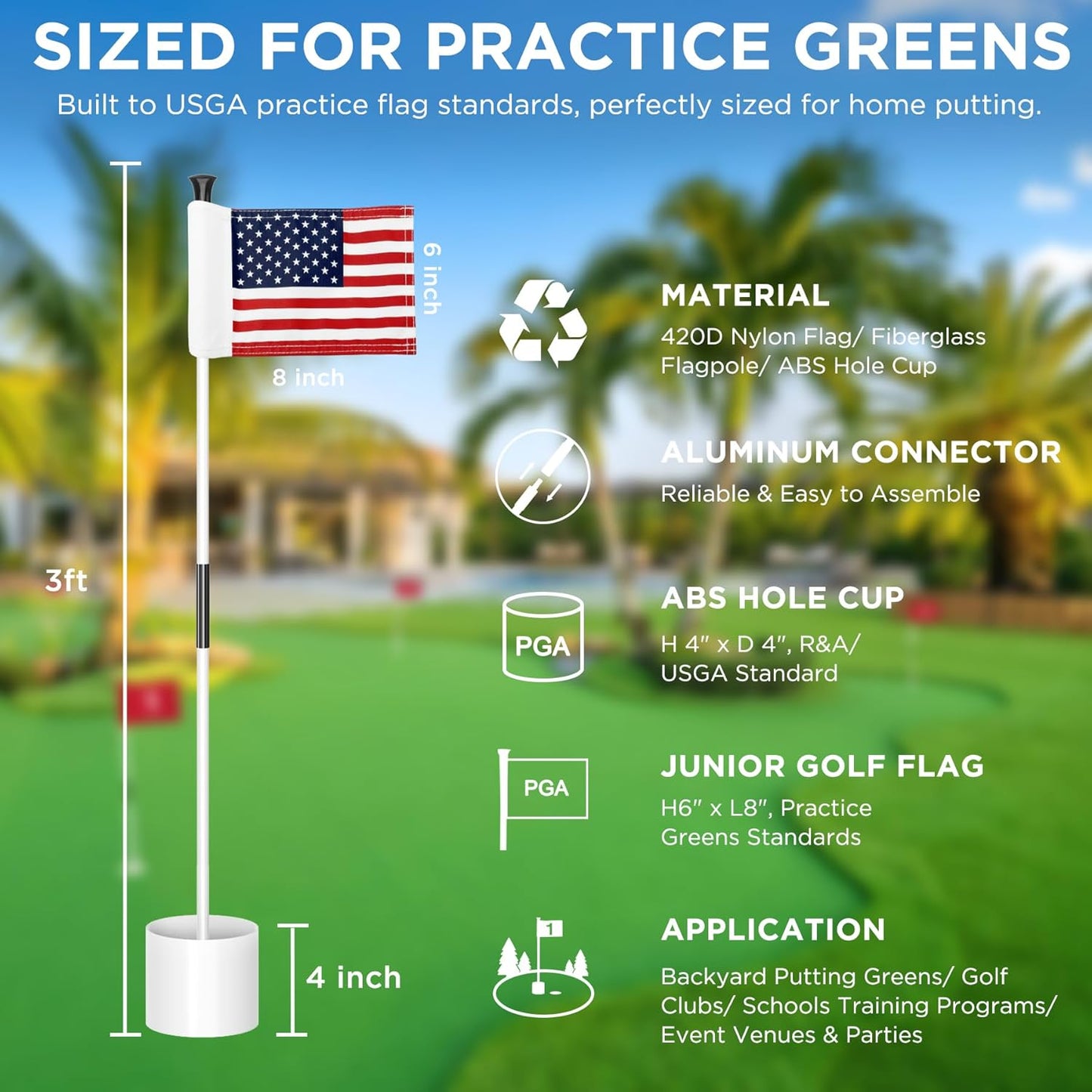 KINGTOP Golf Flagstick Mini, Practice Putting Green Flags for Yard, All 3 Feet, Golf Pin Flag Hole Cup Combo Kit, Fiberglass Portable 2-Section Design, Double-Side American Flag