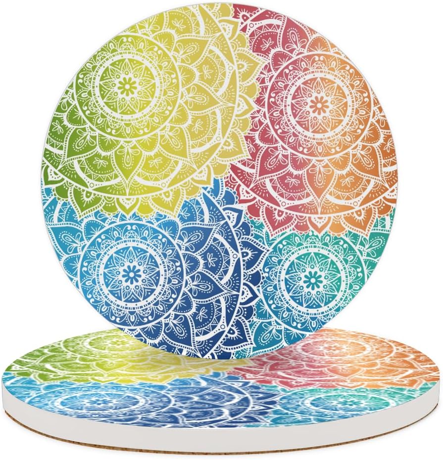 Ceramic Coasters for Drinks with Cork Back, Colorful Mandala Harmony 4 Inch Absorbent Coaster Set 2 Pack, Quick Dry Non-Slip Coaster Mats for Home, Office, Bar