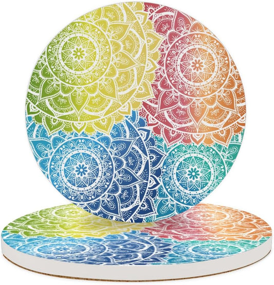 Ceramic Coasters for Drinks with Cork Back, Colorful Mandala Harmony 4 Inch Absorbent Coaster Set 2 Pack, Quick Dry Non-Slip Coaster Mats for Home, Office, Bar
