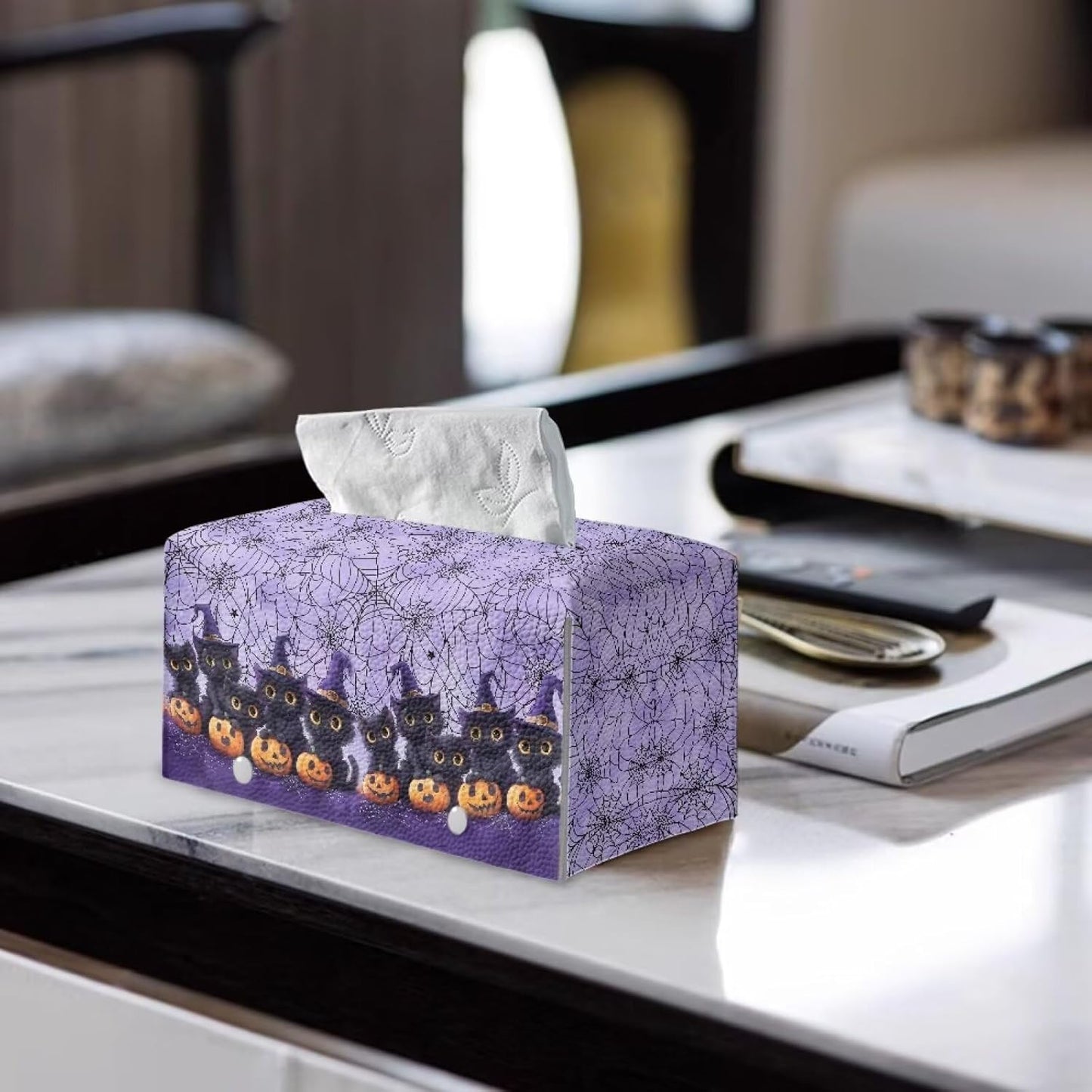 Halloween Tissue Box Covers Rectangle for Bathroom Cute Cat Pumpkin Pattern Pretty Tissue Holder with Bottom Belt Portable for Travel PU Leather Tissue Cover Decorative Organizer