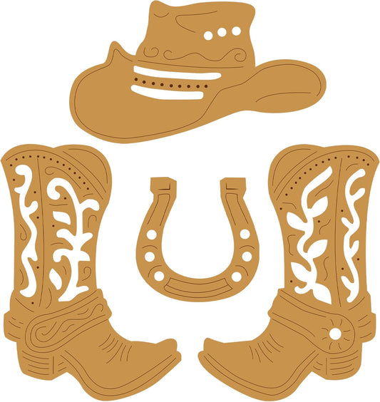 Cowboy Dies Cutting Stencil Set for Paper Scrapbooking Card Crafting, Steel Metal Western Boot Horseshoe Hat Cut Template Accessories for Embossing DIY Artist Happy Birthday Album Decorative Handcraft