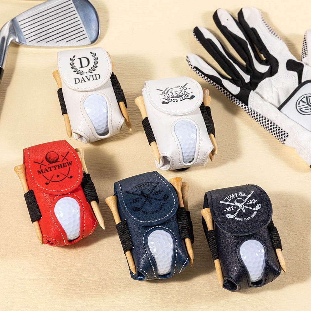 CALLIE Personalized Golf Ball & Tee Holder - Custom Name on Leather Golf Pouch with Belt Clip, Gifts for Golfers