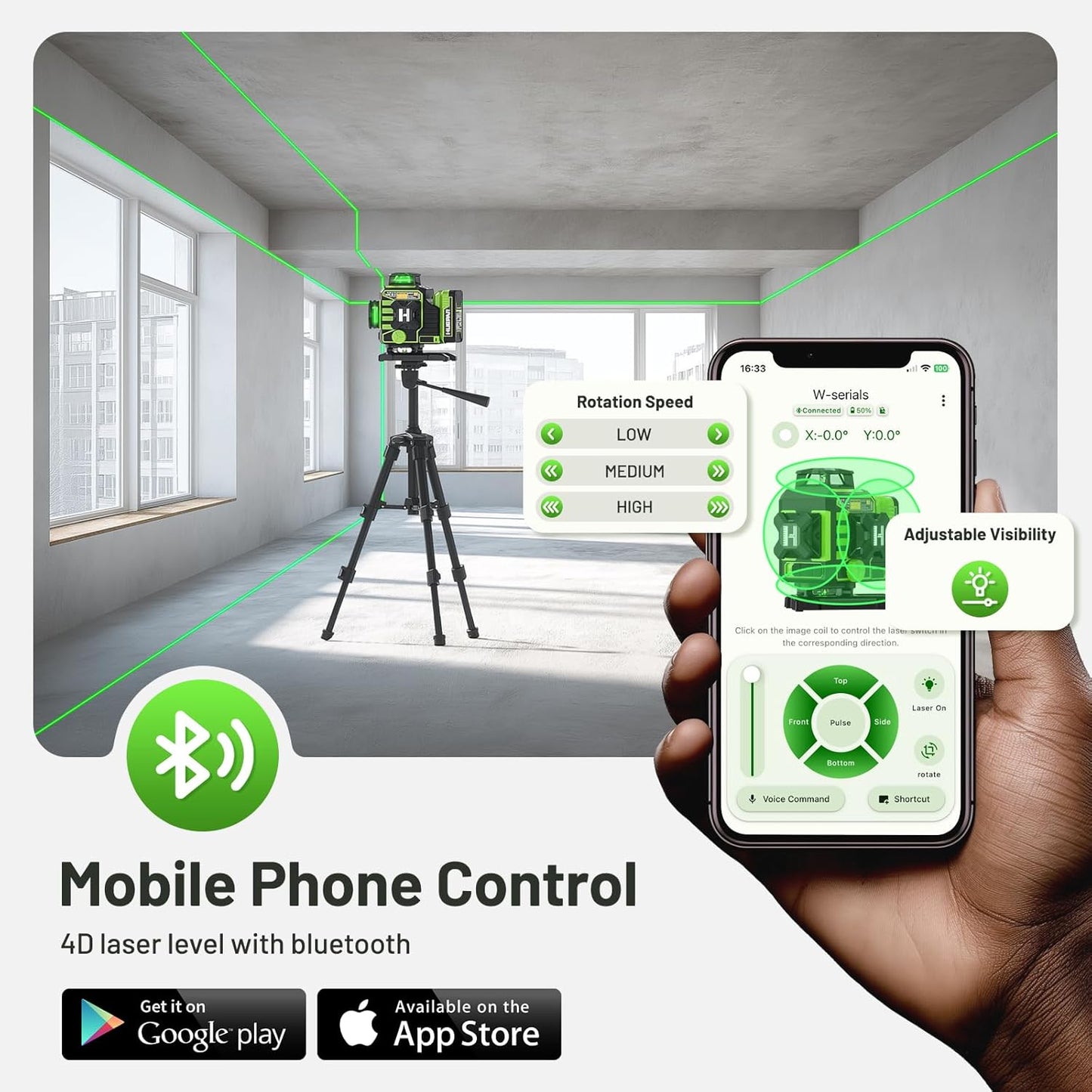 Huepar Laser Level 360 Self Leveling, W04CG Upgraded 4x360° Bluetooth Construction Lazer Leveler Tool with Electric Rotating Base ＆ Large LCD Screen, 4D 16 Lines Green Cross Laser Level