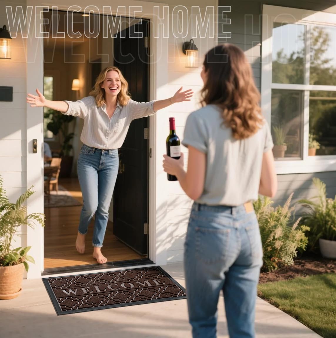 Yimobra Welcome Matt Outdoor Indoor 29.5x17, All-Weather Waterproof Front Door Mat Outside Entrance, Non-Slip Low Profile Porch Patio Doormat, Brown