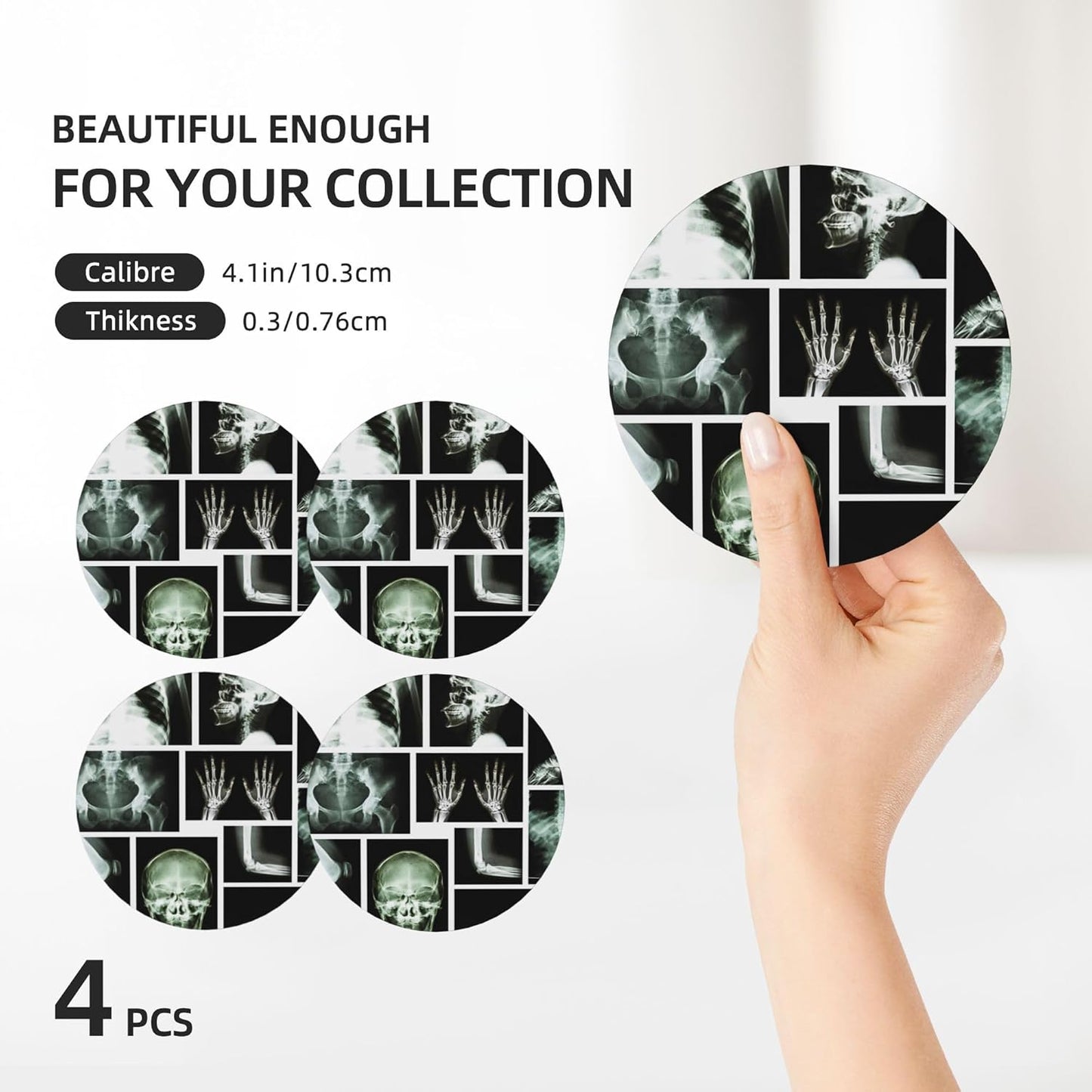 Skull X Ray Coasters for Drinks Set of 4, Absorbent Ceramic Drink Coasters for Coffee Table Wooden Table Cup Bar, 4 Inches