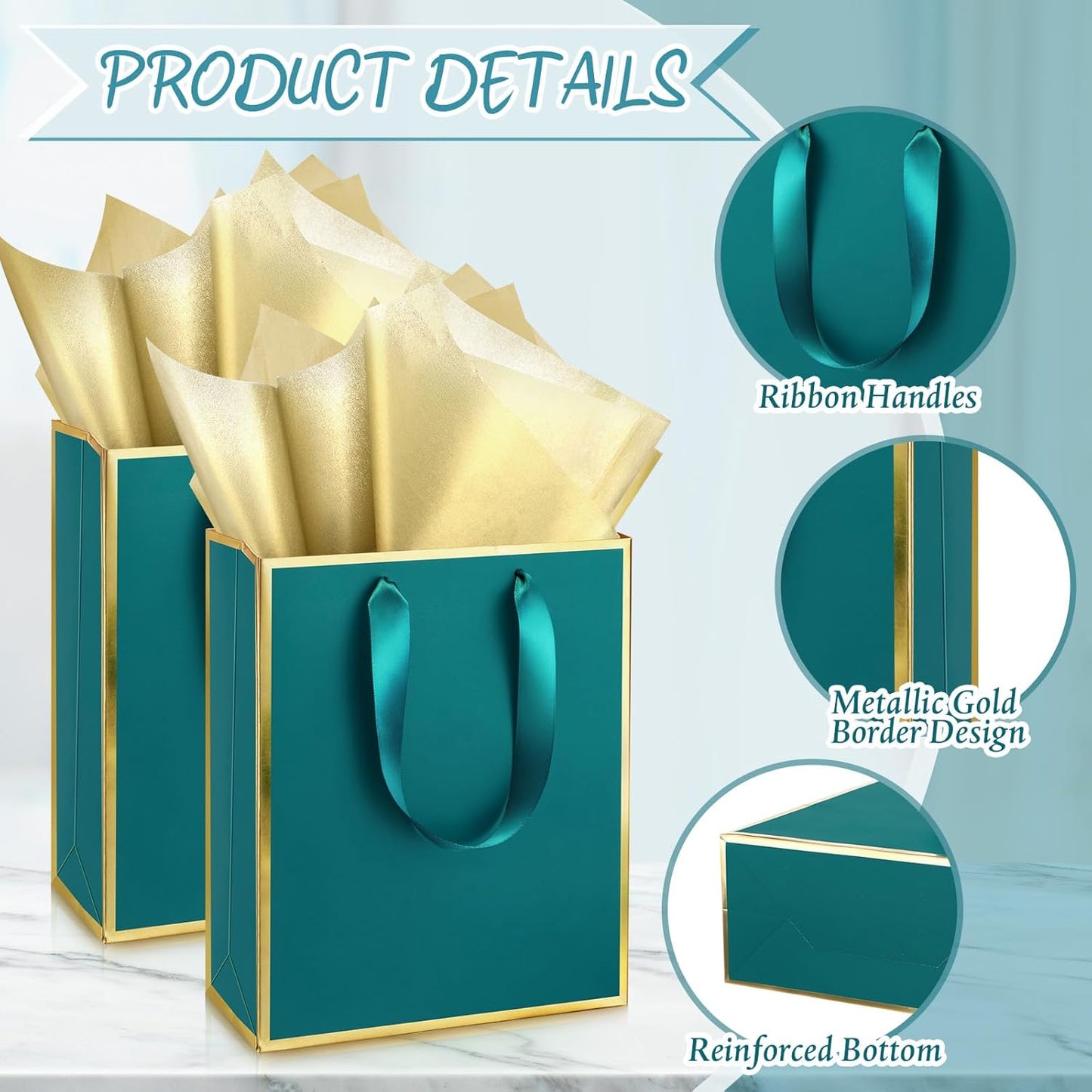 Yeaqee 24 Pack Metallic Paper Gift Bags with Handle and Tissue 9x7x3.1 Gold Foil Welcome Favor Bags Return Gifts for Wedding Fall 5 Senses Christmas Bridesmaid Birthday(Turquoise, Gold)