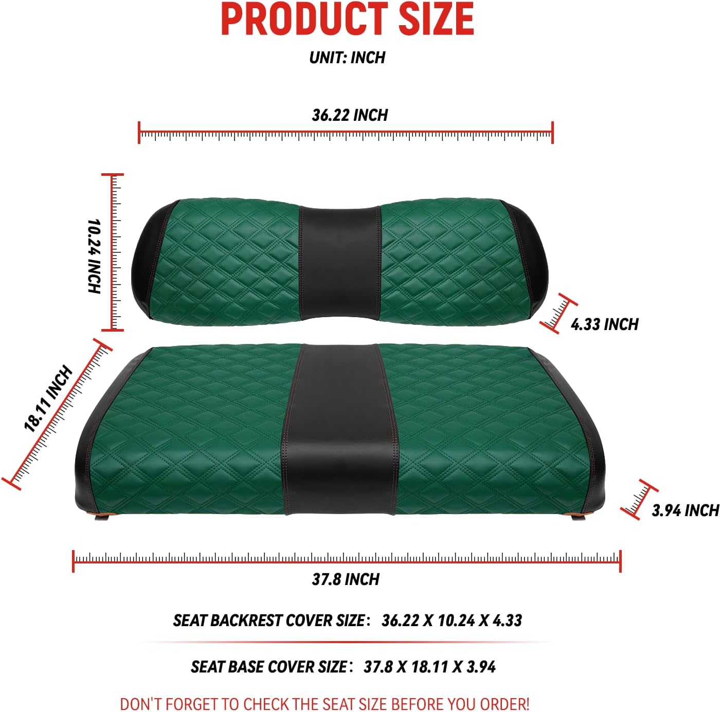 Golf Cart Seat Covers for Club Car DS 2000.5+ Front OEM Universal Seat Cushion, Marine Grade Vinyl Leather Club Car DS Seat Covers/Easy to Install-Green (2PCS)