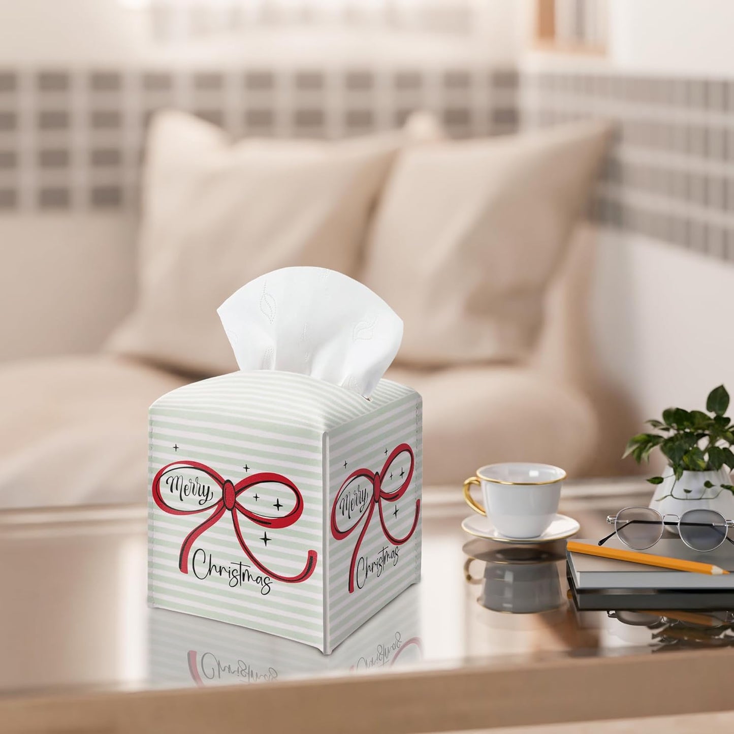 Merry Christmas Tissue Box Holder, Christmas Bow Leather Tissue Box Cover Square, Paper Facial Decorative Tissues Cover for Night Stands Bathroom Kitchen Office Home Decor-B25