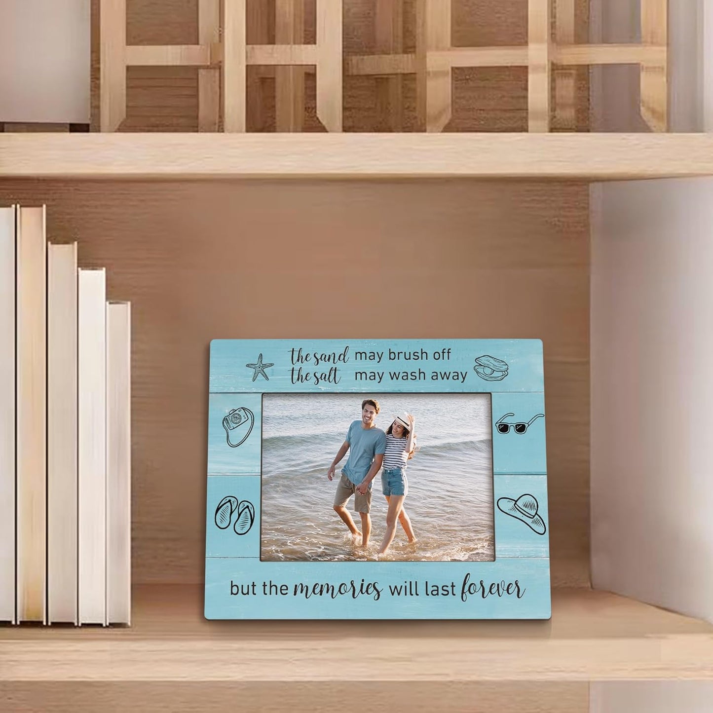 Beach Picture Frame 5x7, Coastal Photo Frame, Beach Vocation Gifts for BeachLovers Women, The Memories will Last Forever Nautical Holiday Wooden Picture Photo Frames for Desk Home Room Decor
