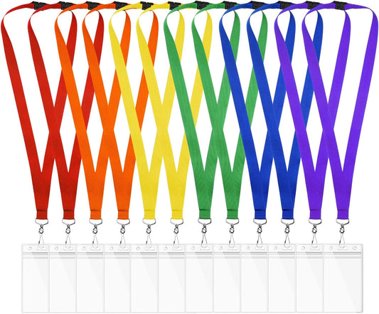 12-Pack Rainbow Breakaway Lanyards with Waterproof Badge Holders, Polyester Neck Straps for ID Cards, Events, Office, and Schools