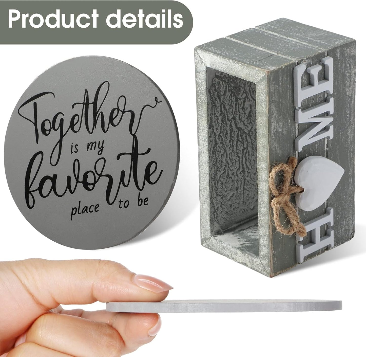 Queekay Housewarming Gifts for Home Decoration Wooden Heart Coasters for Drinks 6 Set Farmhouse Coasters with Holder Funny for Family Coffee Table Protection, 4''(Gray)