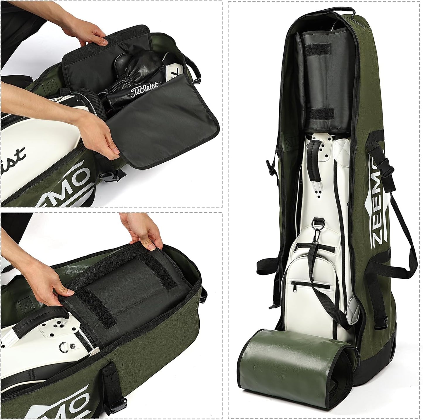 ZEEMO Golf Travel Bag, Full-Open Protective & Wheeled Airline-Approved Case for Clubs, Cart&StandBag, Soft-Sided Waterproof Cover Made of Heavy Duty Oxford