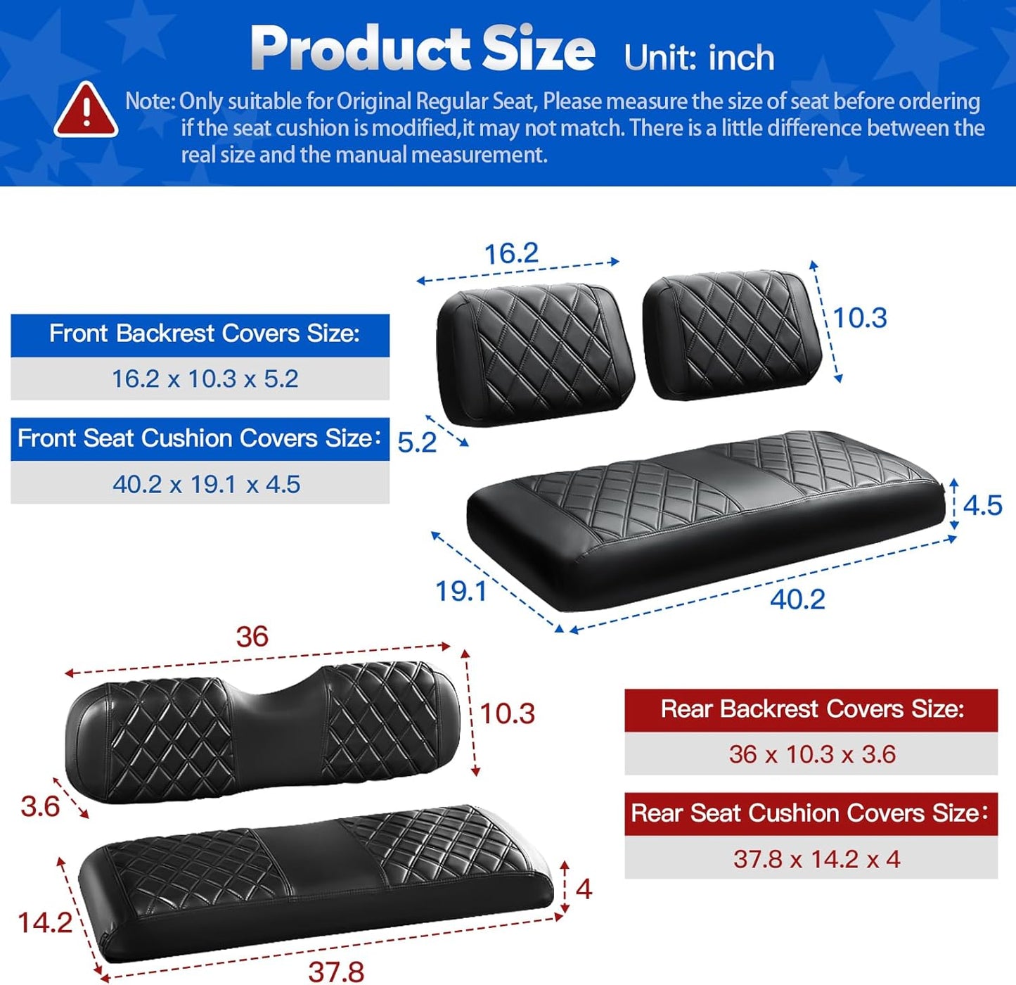 NOKINS 4PCS Golf Cart Seat Covers Kit, Front and Rear Seat Covers Fits Club Car DS Pre-2000 Standard Seat Cushion, Club Car DS Vinyl Seat Covers Accessories(Black&Black Stitching)