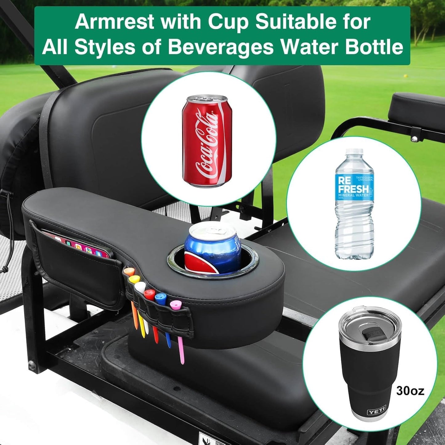 No Drilling Golf Cart Armrest with Cup Holder Phone Bag Golf Tree Holder for Rear Seat, Triangle Support Frame Fits 1" Side Square Tube EZGO Club Car DS Precedent Yamaha Golf Carts Arm Rest