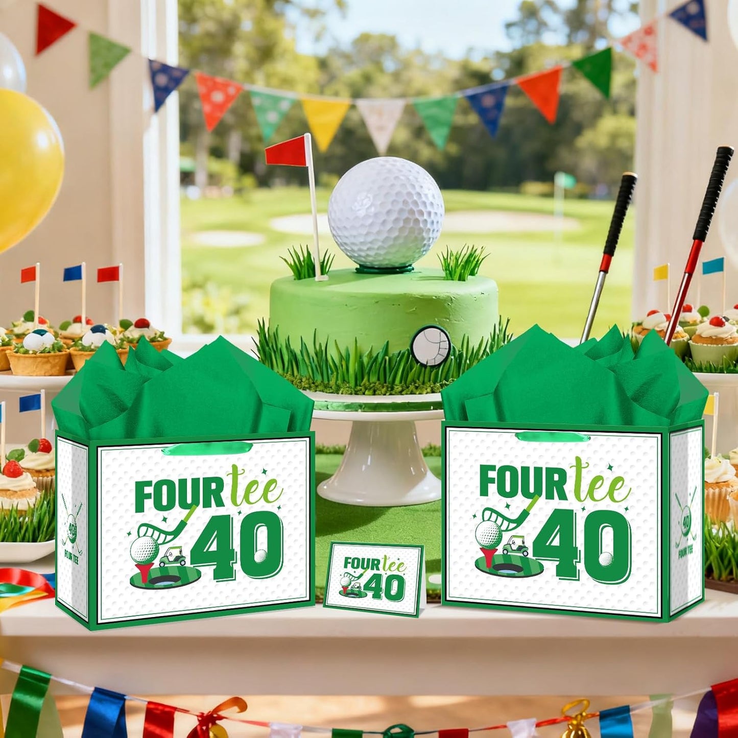 Quirkistry Golf 40th Birthday Gift Bag for Men Golf Happy Forty Birthday Party Gifts bag with Tissue Paper Greeting Card Four-Tee Bday Gift Wrapping Bag for Sports Themed Party Decorations Supplies