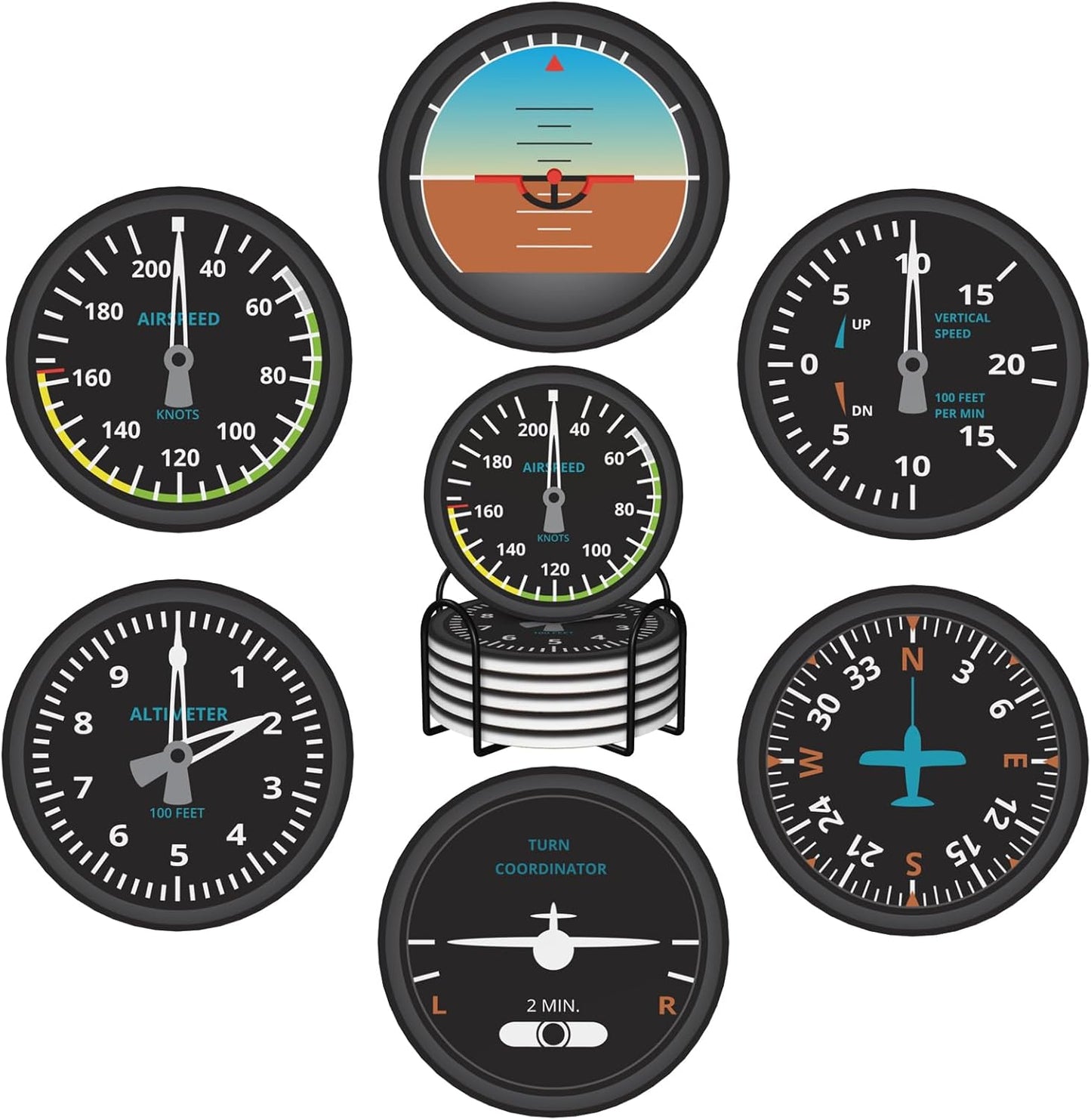 Aviation Absorbent Drink Coasters with Holder, Set of 6 Ceramic Coasters with Cork Base Pilot Gifts for Aviation Lovers