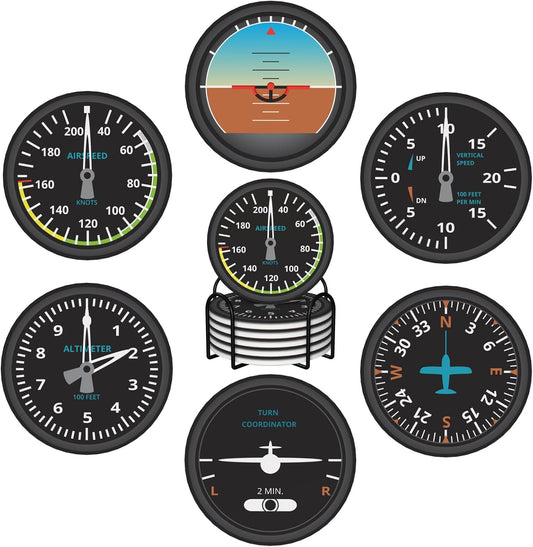 Aviation Absorbent Drink Coasters with Holder, Set of 6 Ceramic Coasters with Cork Base Pilot Gifts for Aviation Lovers