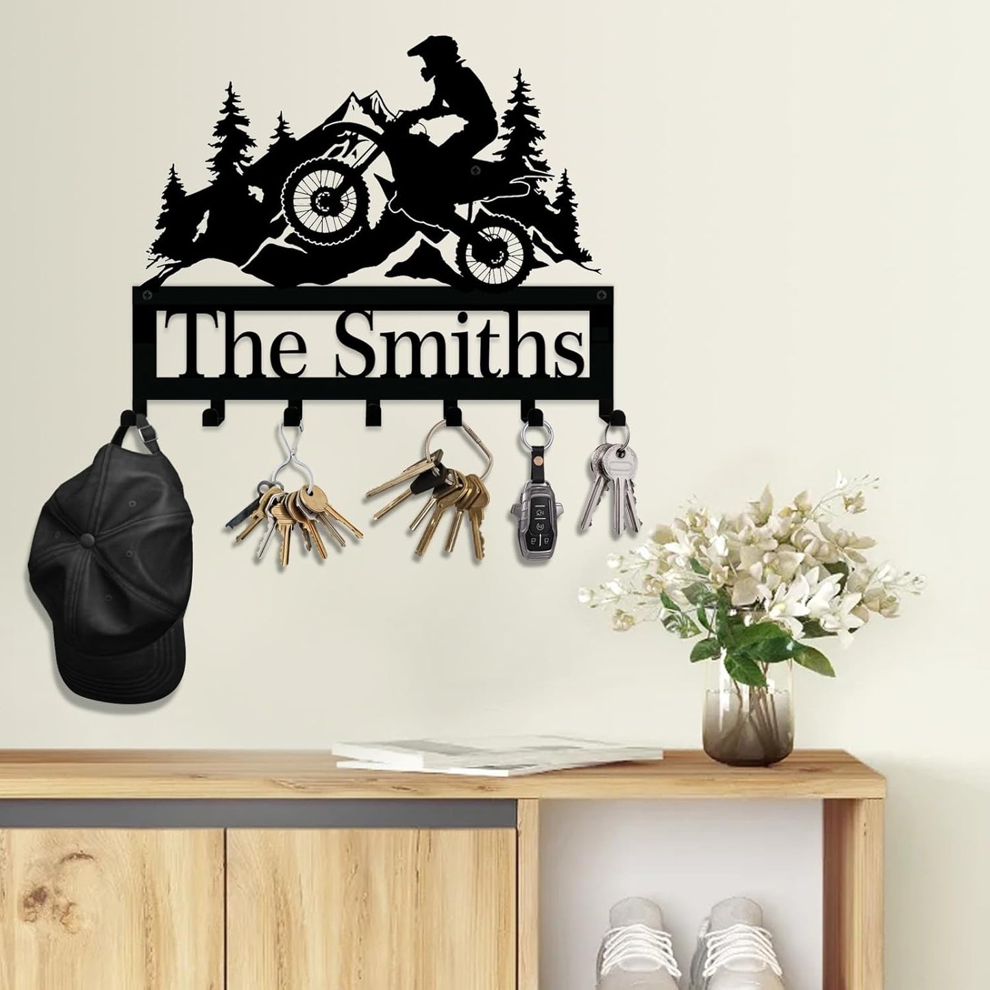 NIWAHO Personalized Dirt Bike Key Holder Wall Mount - Custom Metal Name Sign with Hooks for Garage, Motocross Room, or Entryway Decor