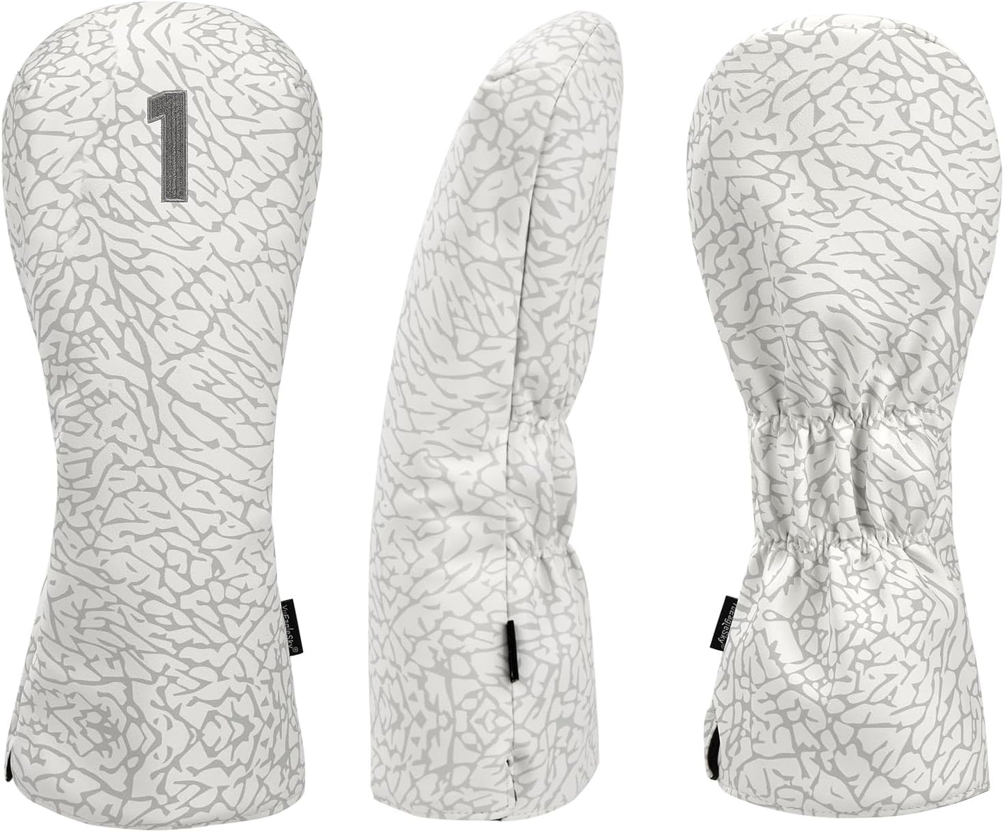 Golf Driver Head Covers 3-Pack for Men & Women - Premium PU Leather with Elephant Embroidery, Double Elastic Band (Driver/Fairway/Hybrid), Waterproof & Durable - White Grey or Black Grey