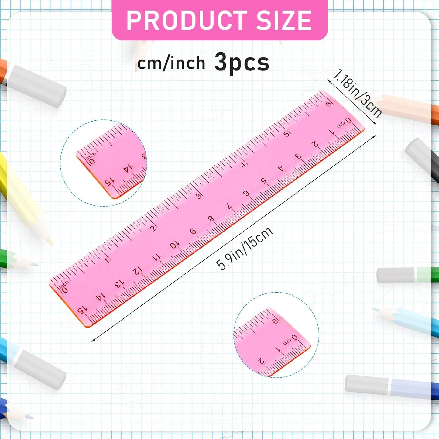 Ruler 6 Inch, 3 Pack Ruler Set Plastic Straight Ruler Transparent Measuring Tool Acrylic Clear Ruler for School Office Student（Red）