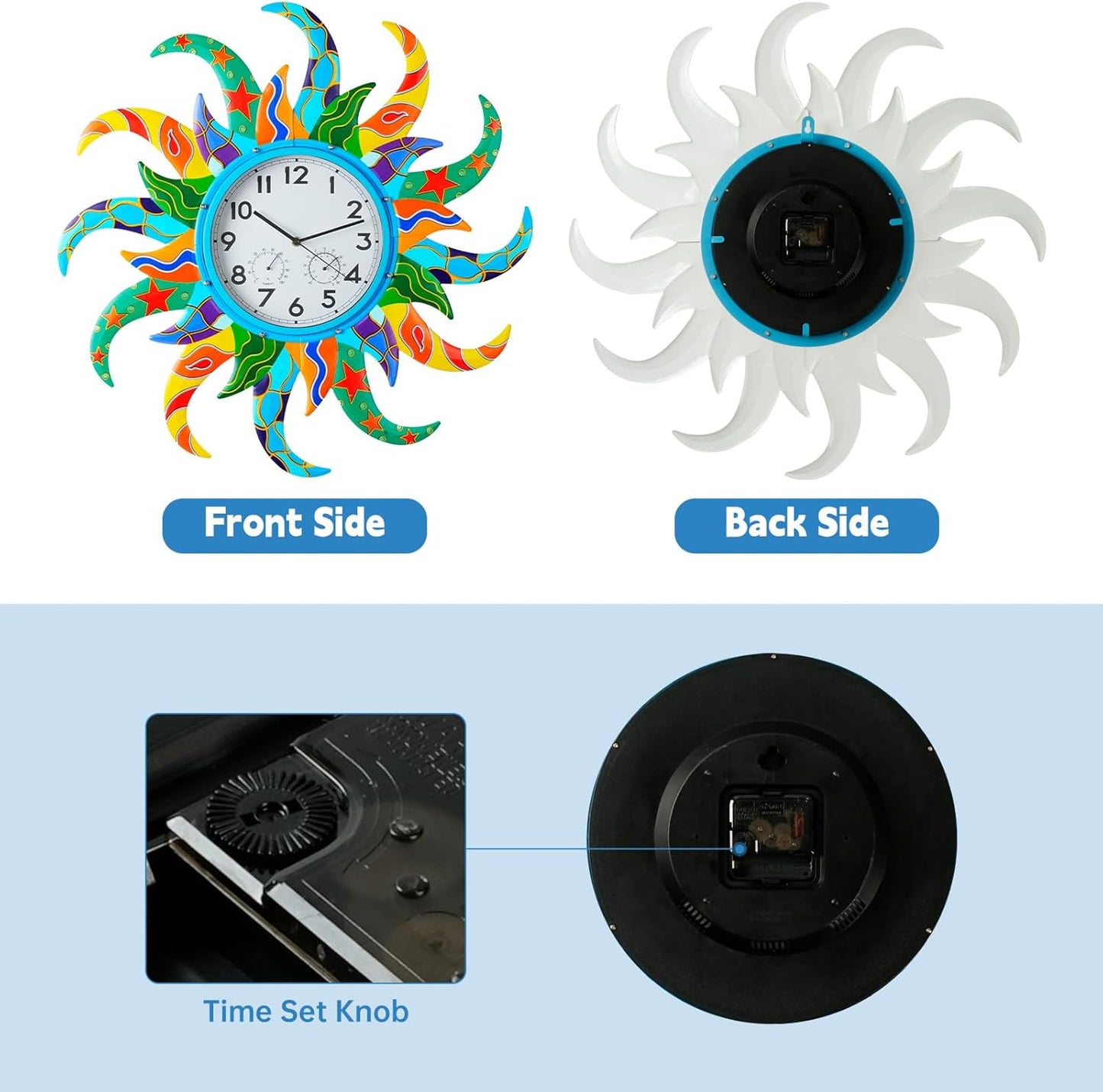 25-Inch Sun-Shaped Outdoor Clock and Thermometer Set, 10-Inch Dial, Battery Powered, Waterproof, Silent Quartz Movement (Blue)