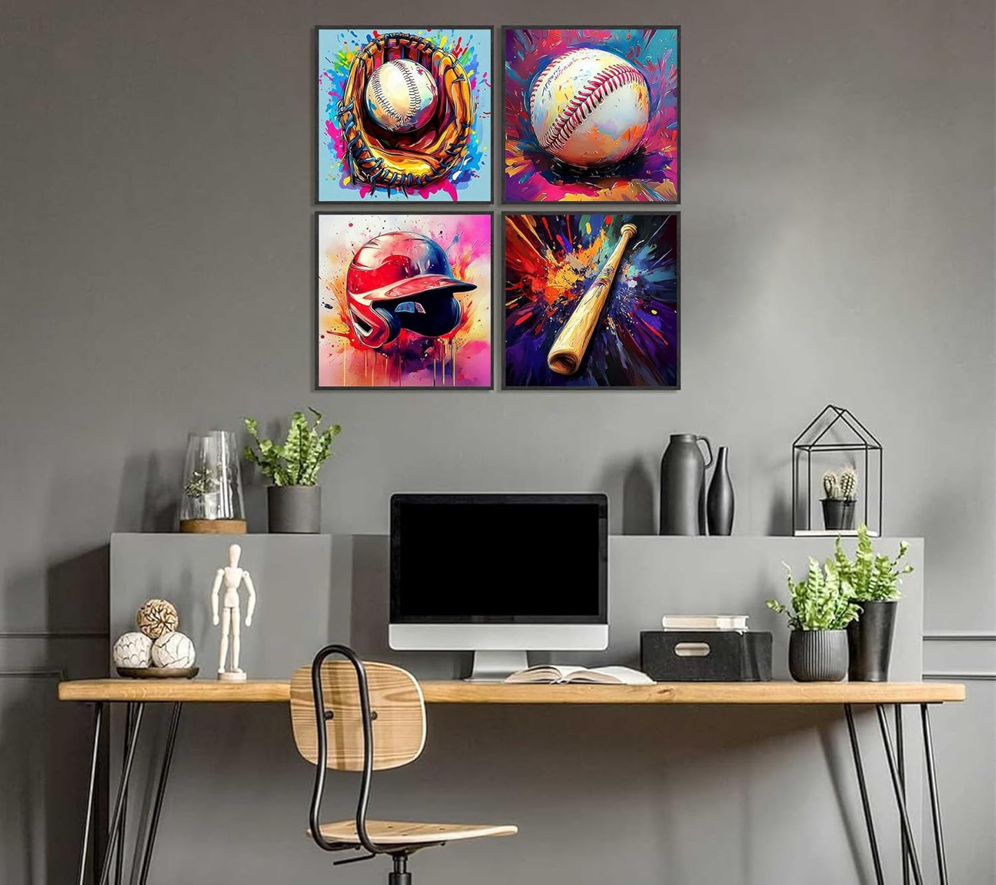 4Pcs Baseball Wall Art Boys Room Rustic Baseball American Football Painting Picture Wall Decor Modern Graffiti Poster Print Artwork for Man Cave Man Bedroom Living room Playroom Home Decoration