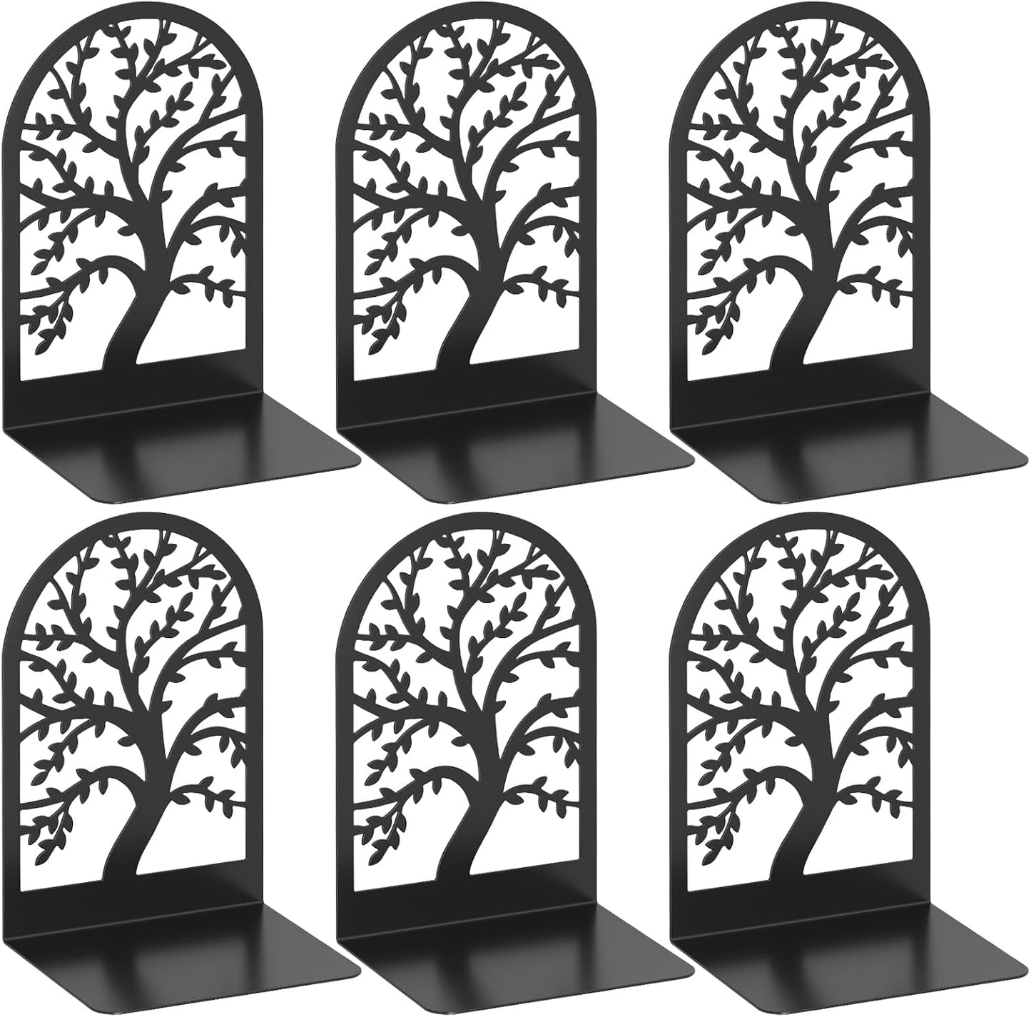 VFINE Decorative Bookends 3 Pairs, Tree Metal Bookends, Unique Black Book Ends to Hold Books, Book Holder for Heavy Books, Home Decorative Book Stoppers for Shelves (6 Pieces)