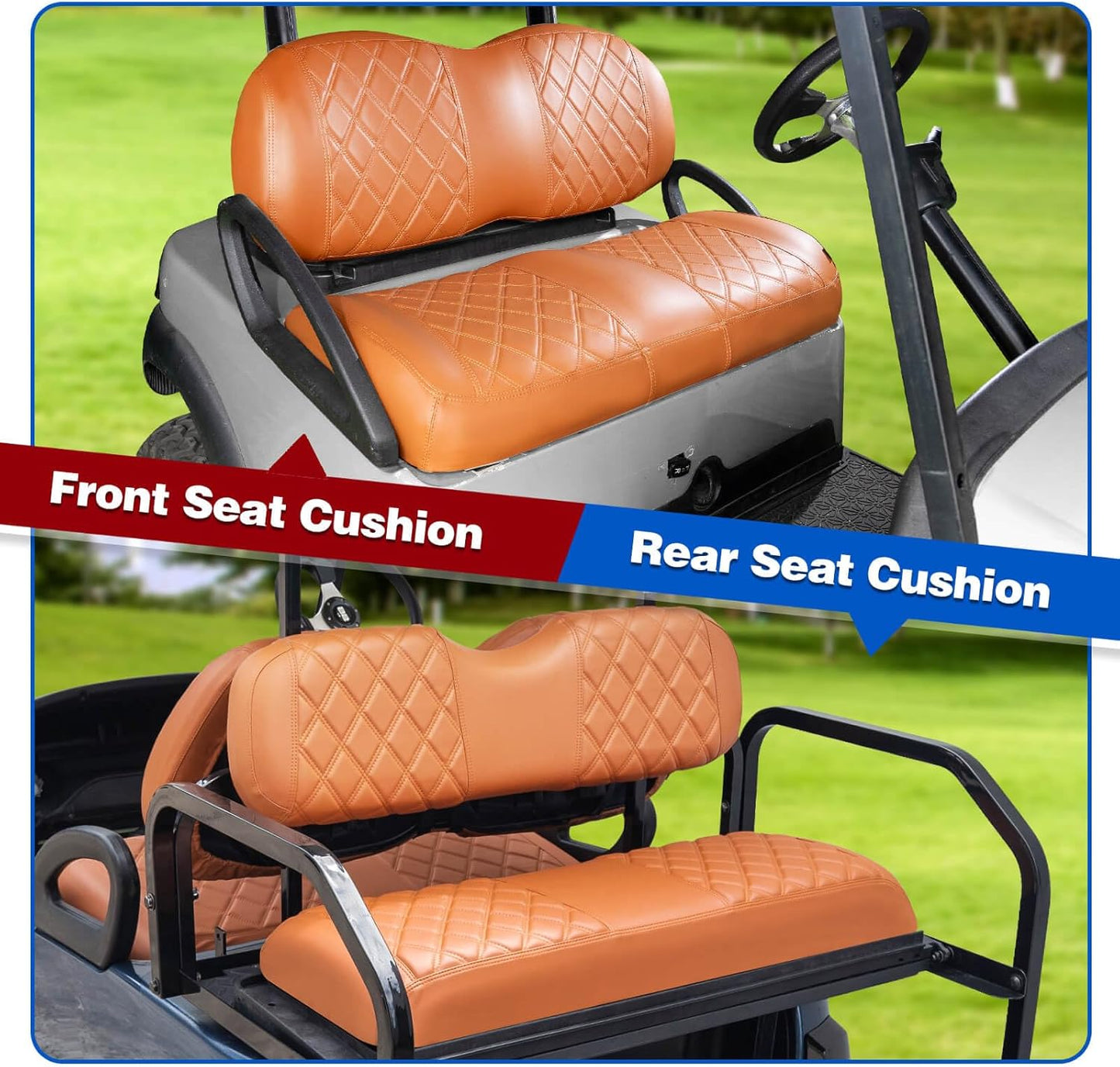 NOKINS Golf Cart Diamond Front&Rear Seat Covers Kit, Front Seat Covers Fits Club Car Precedent/Tempo/Onward Premium Seat Cushion, Rear Seat Covers Fits Aftermarket Standard Cushion (All Brown)