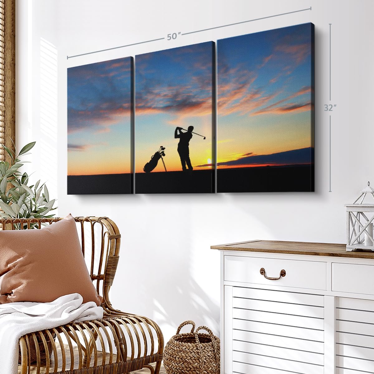 ElephantStock Golfing At Sunset Wall Art - Horizontal Canvas - 3-Piece Living Room Wall Decor - Golf Photography Canvas Print - Black and Orange Decor for Wall - 50" X 32"