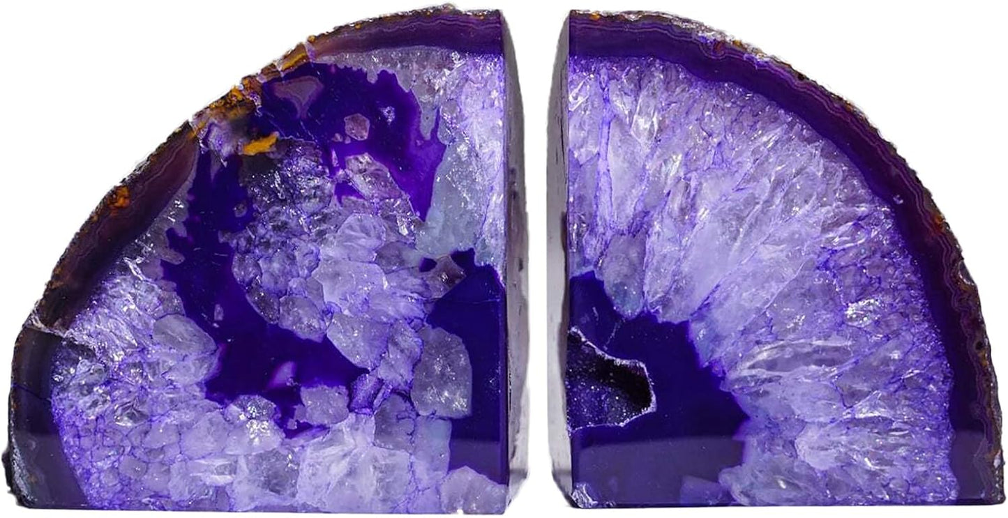 AMOYSTONE Purple Agate Bookends - Decorative Stone Book Holders for Hardback Book or Cookbooks, Stone Bookends 2-3 LBS with Rubber Bumpers, Unique Book Stoppers Home Office Decor