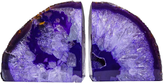 AMOYSTONE Purple Agate Bookends - Decorative Stone Book Holders for Hardback Book or Cookbooks, Stone Bookends 2-3 LBS with Rubber Bumpers, Unique Book Stoppers Home Office Decor