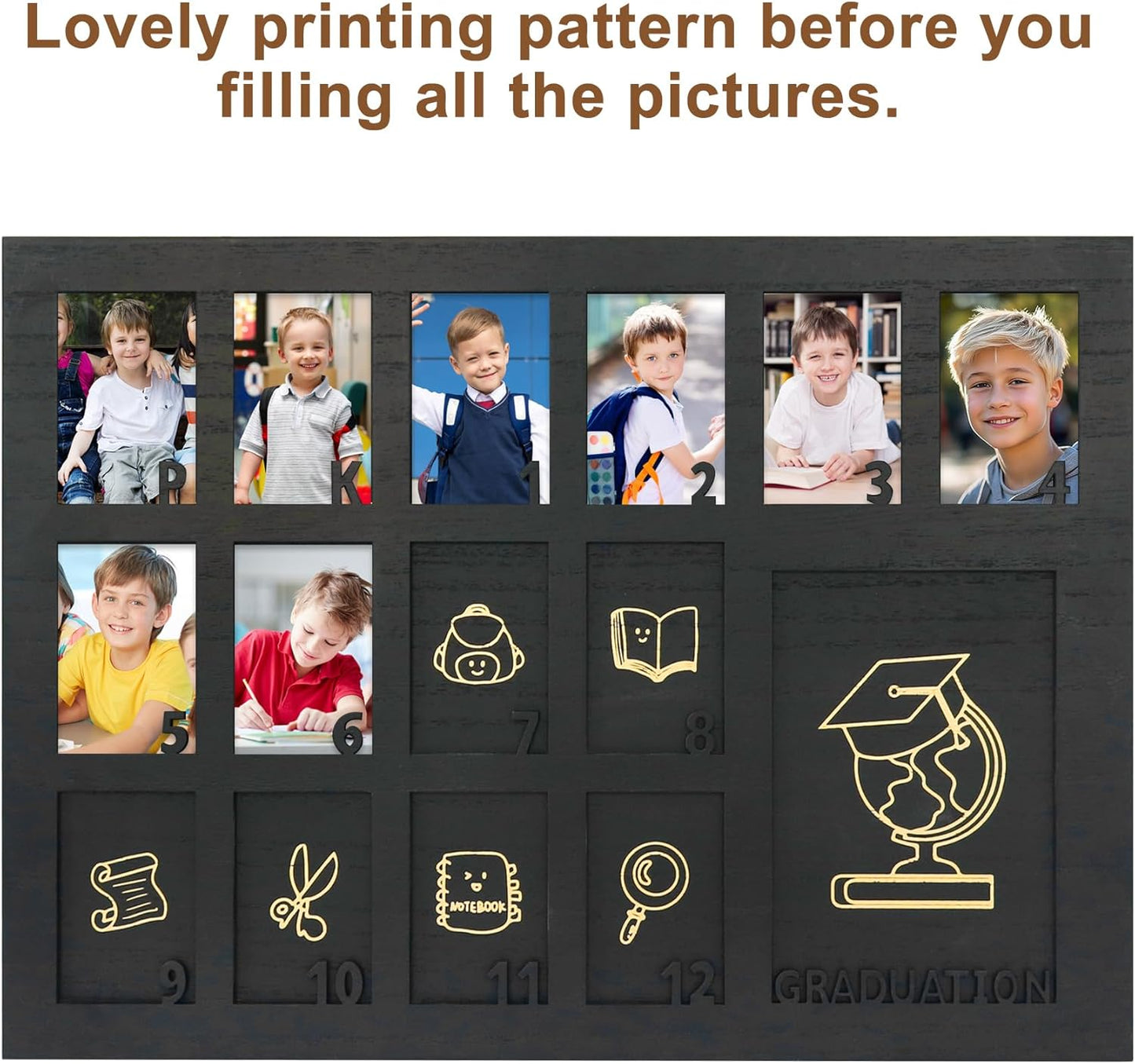 School Years Picture Frame Pre K to 12 Black Graduation Gift Collage Frame with Stand Easel, Displays One 4x6 and Twelve 2x3 Wallet Photos