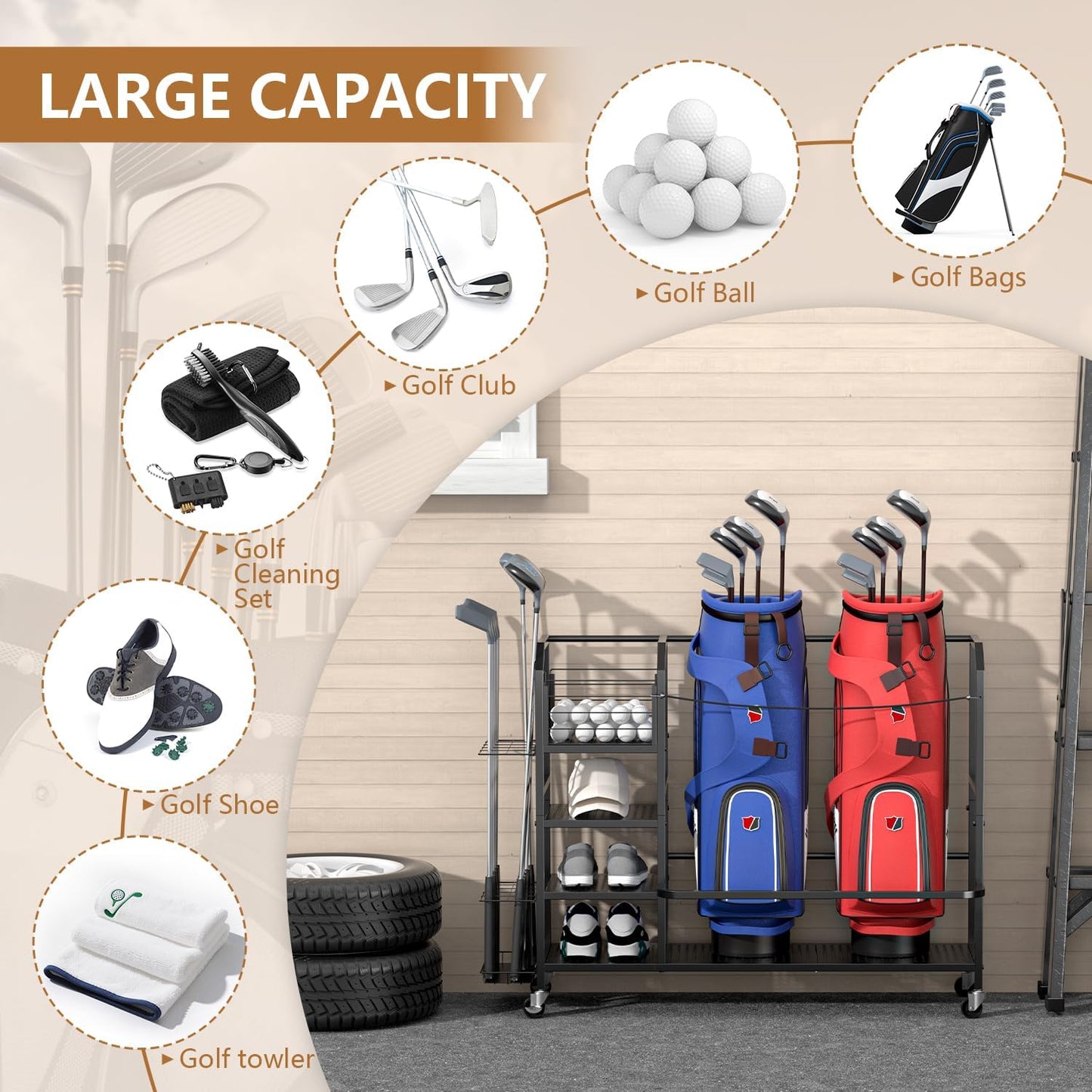 Golf Bag Storage, Big Capacity Golf Bag Organizer for Golf Bag and Equipment Accessories, Golf Bag Accessories for Garage, Home or Club,Extra Storage Rack for Golf Clubs,Black