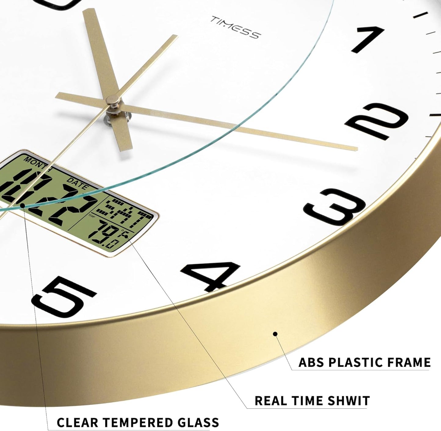 Wall Clock, 14" Large Dial Non-Ticking Silent Battery Operated Analog with LCD Display for Perpetual Calendar and F° Temperature, Ideal Modern Home, Bedroom, Office Decor (Gold)