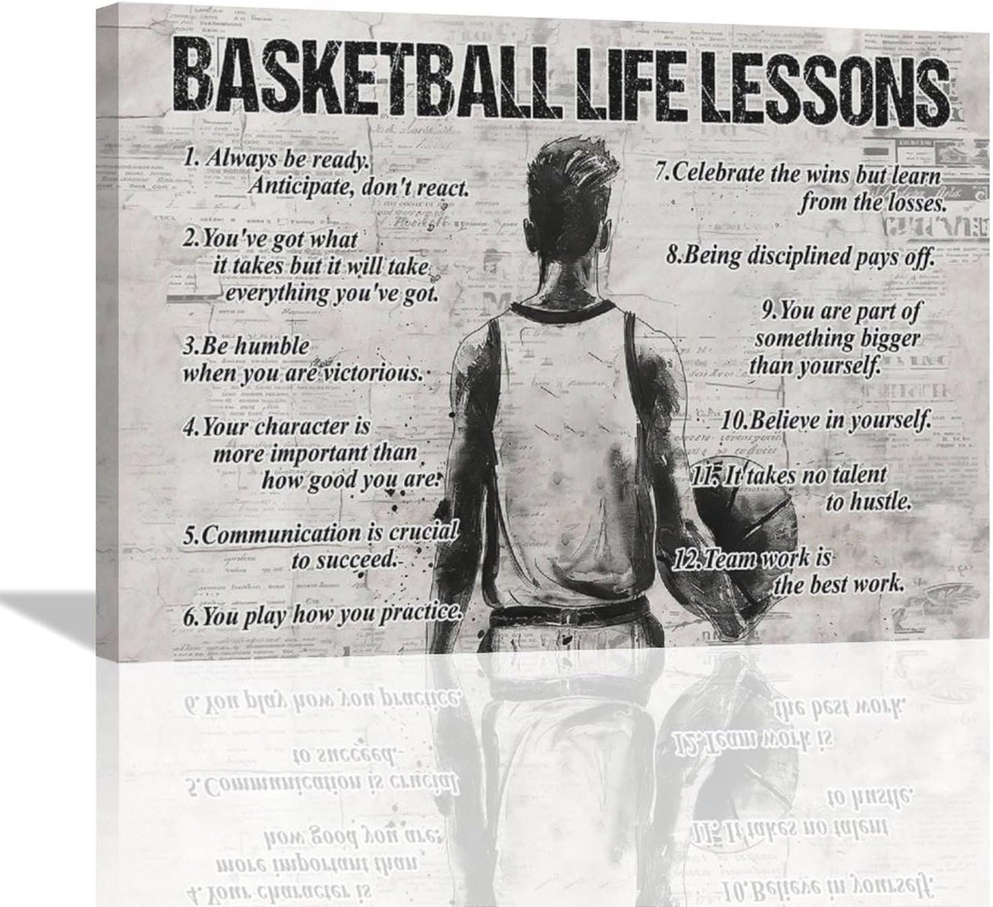 Basketball Life Lessons Wall Art - Sports Sign Retro Poster for Boy Men Room - Motivational Decorations Canvas Print Painting Artwork for Bedroom Bathroom Living Room 16"x12"