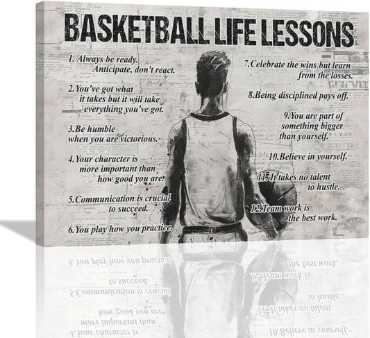Basketball Life Lessons Wall Art - Sports Sign Retro Poster for Boy Men Room - Motivational Decorations Canvas Print Painting Artwork for Bedroom Bathroom Living Room 16"x12"
