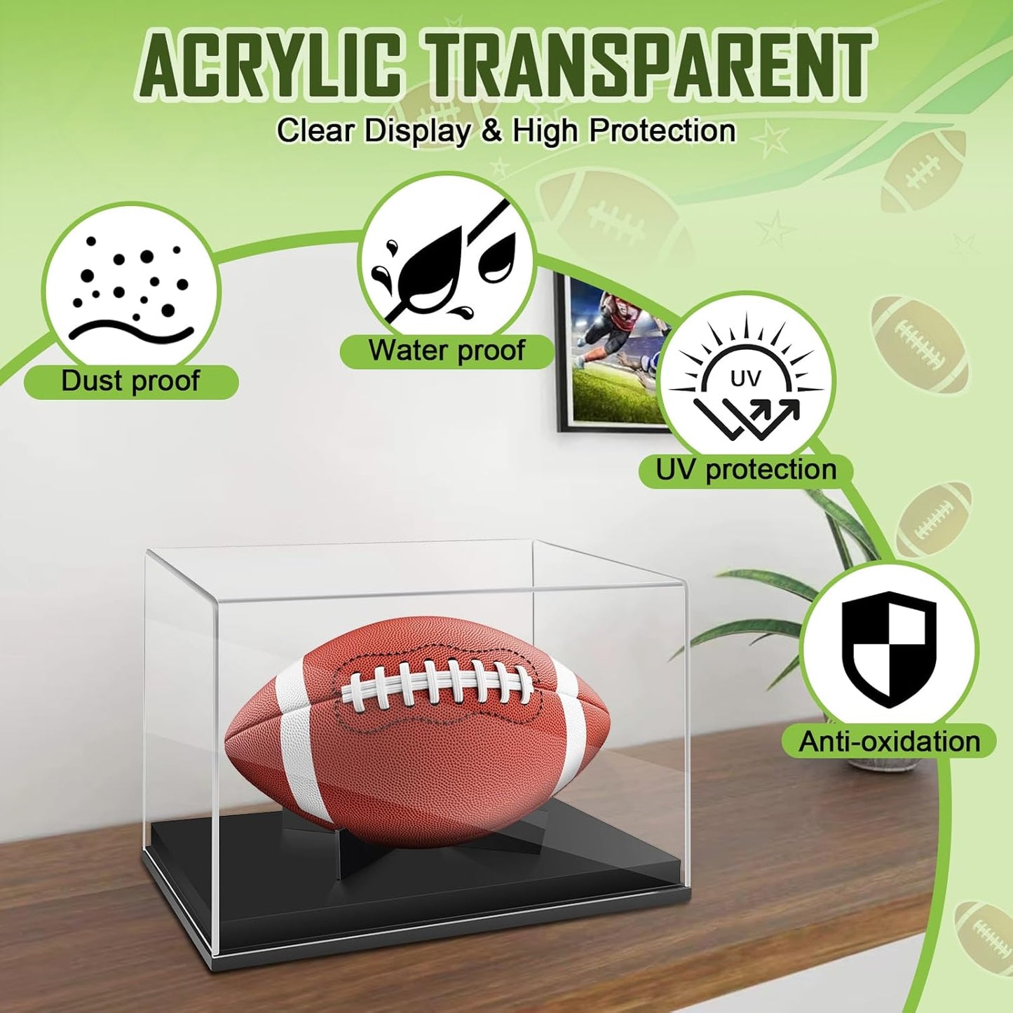 Full Size Football Display Box, Souvenir Display Box for Football or Commemorative Sports Gloves, Acrylic Transparent Box with Wooden Support and Solid Wood Base