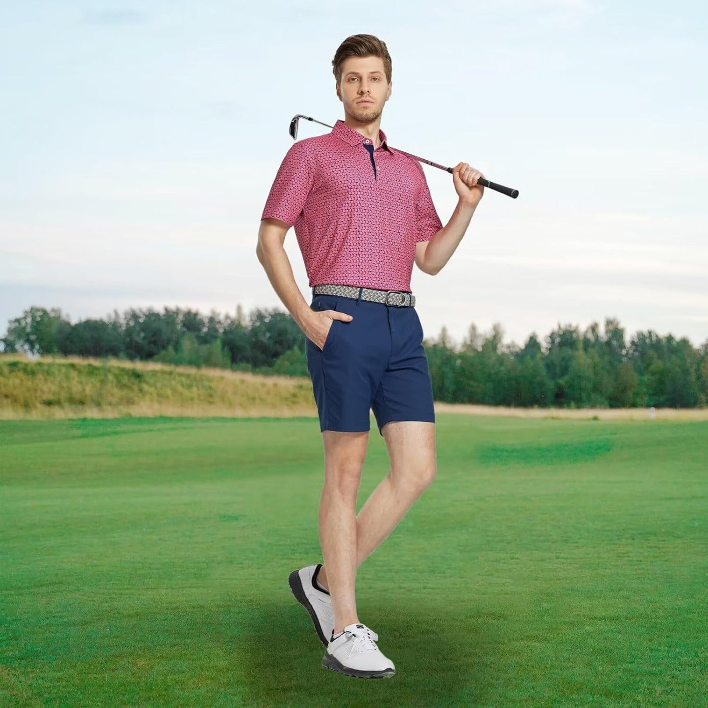 M MAELREG Mens Golf Shirt Short Sleeve Dry Fit Print Moisture Wicking Performance Patterns Collared Polo Shirt