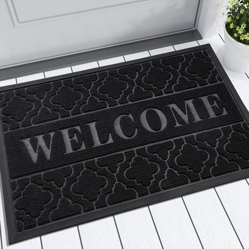 Yimobra Welcome Mat Outdoor Indoor, All-Season Waterproof Front Door Mat Outside Entrance, All-Weather Heavy Duty Non-Slip Doormat, Low Profile Porch Patio Entrance Mats, 47x32, Black