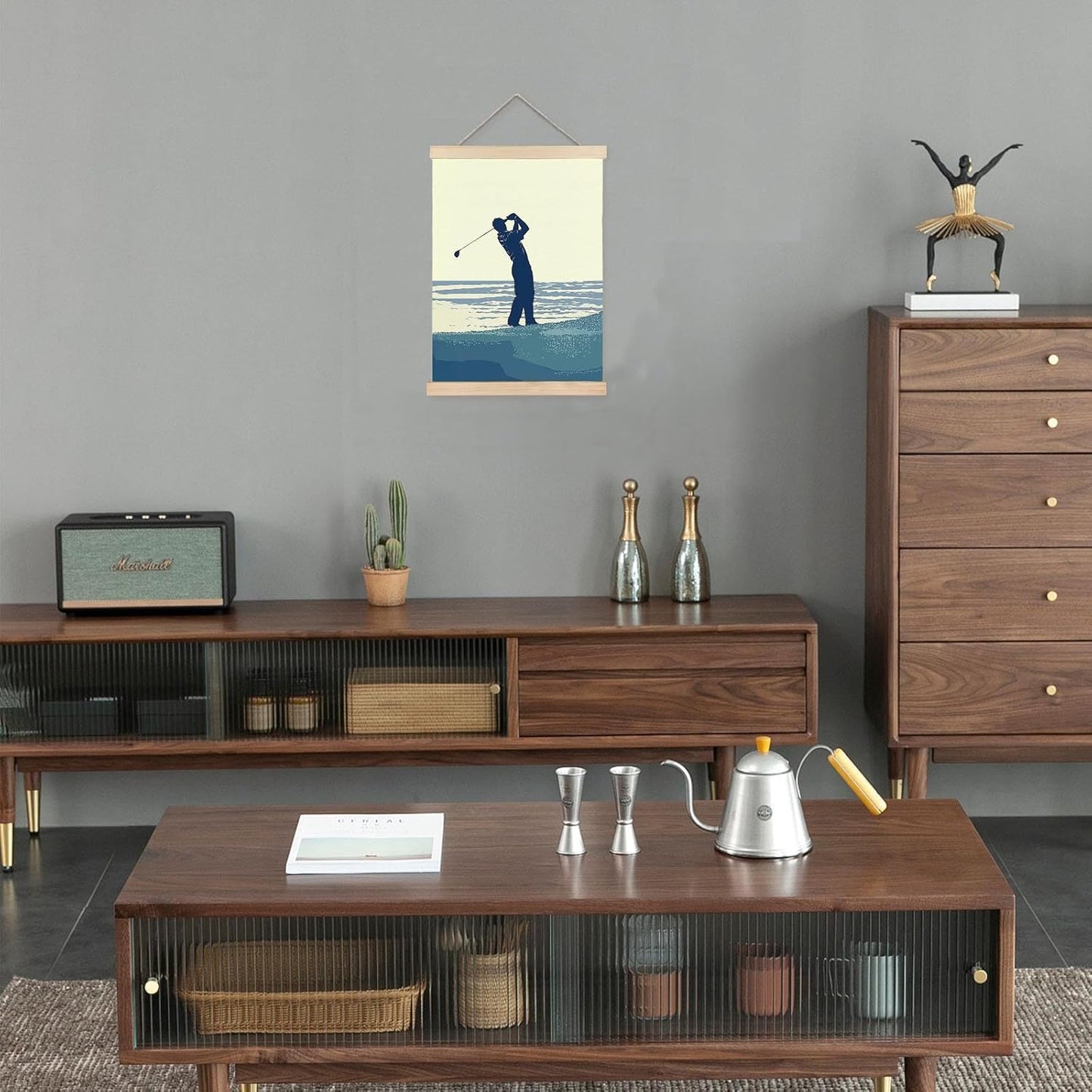 bitCNY Golf Swing Wall Art Print, Coastal Sport Silhouette Canvas Poster with Wooden Frame, Beach Style Hanging Decor for Office, Study, or Man Cave