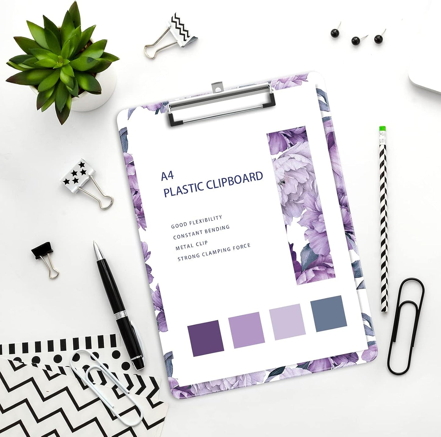Plastic A4 Clipboards, Cute Clip Board Stardard Letter Size 9 x 12.5 in, Office Decorative for Students Women Men and Kids, Purple Flower