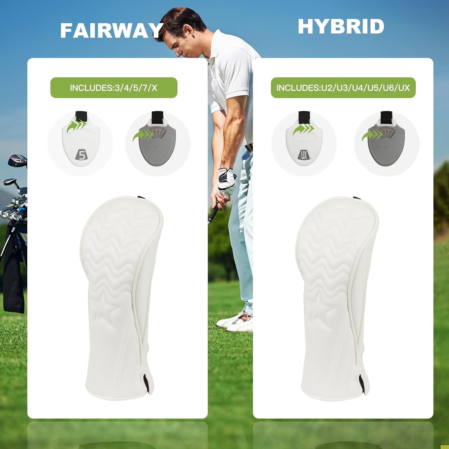 4pcs or 1pc Golf Club Head Covers for Woods, Driver, Fairway, Hybrid – Premium PU Leather with Interchangeable Tags & Magnetic Blade and Mallet Putter Covers