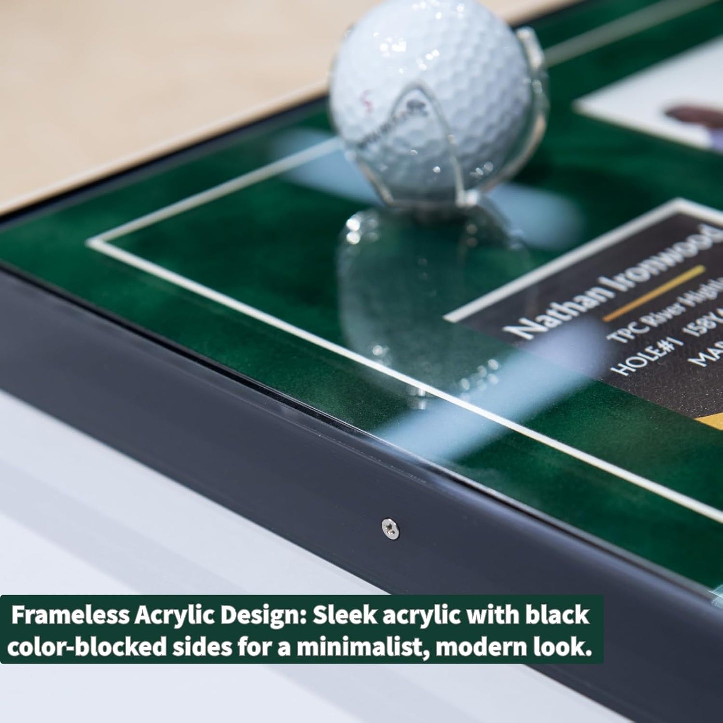 One-Shot Victory Golf Ball Display Frame – Acrylic Case with External Ball Mount, Custom Photo & Nameplate, Green Suede Mat, Elegant Golf Keepsake Gift（vertical design）