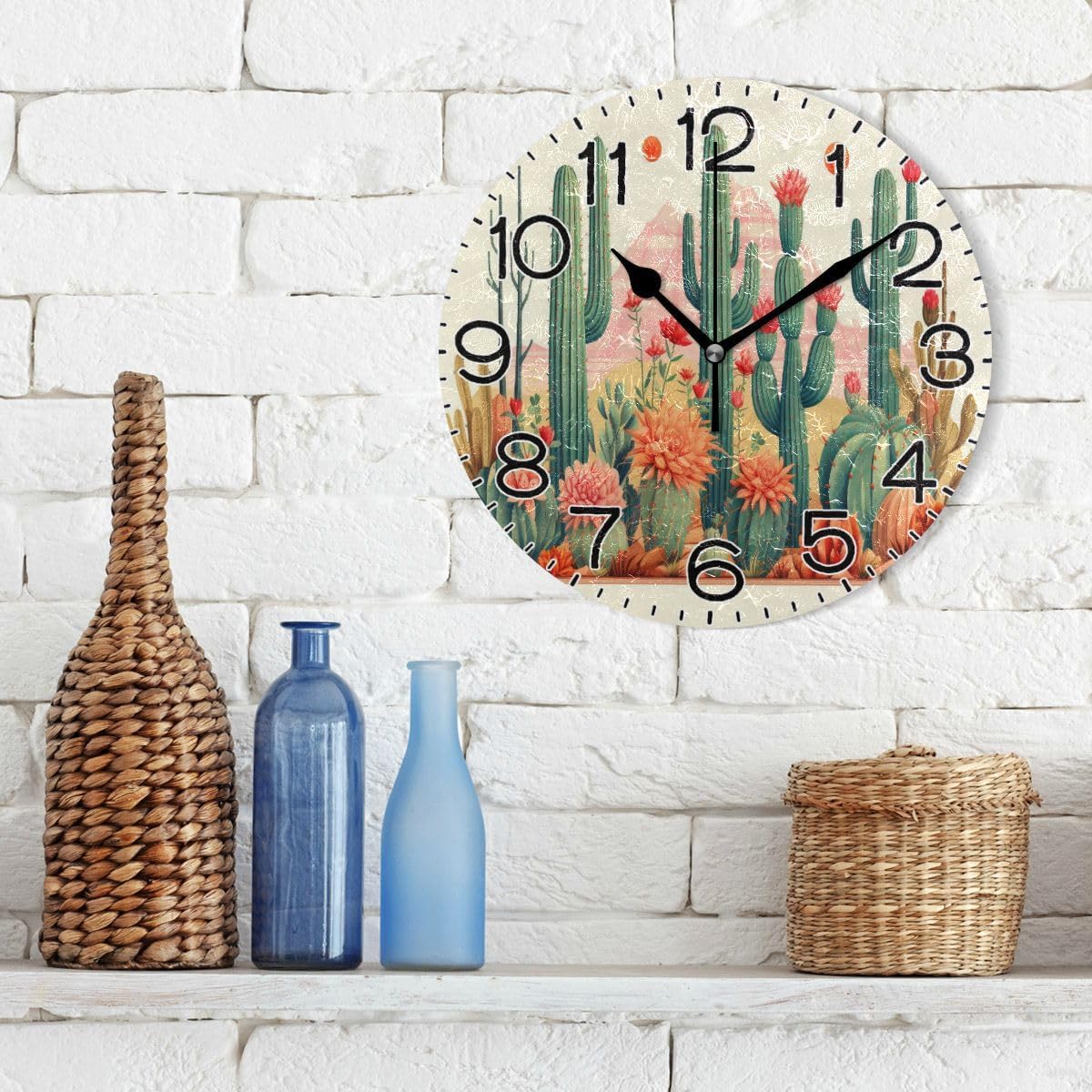 ALAZA Cactus in Desert3 Wall Clock Battery Operated Non Ticking Silent Quartz Analog Rustic Farmhouse Round Clock Retro Decor for Home Kitchen Living Room Bathroom