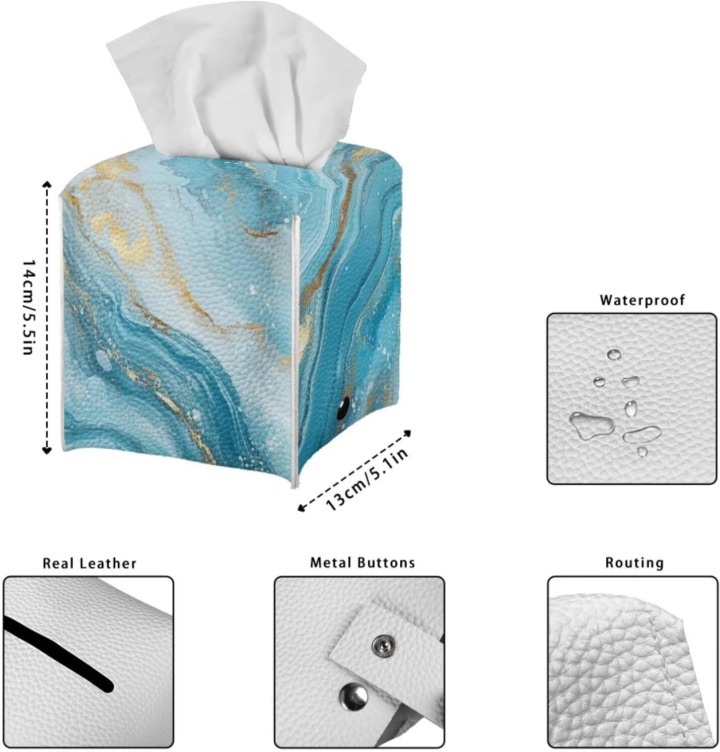 Marble Print Tissue Box Cover 5x5x5 inch Square PU Leather Facial Tissue Box Holder for Dresser Bathroom Decor Foldable Easy to Storage or Take