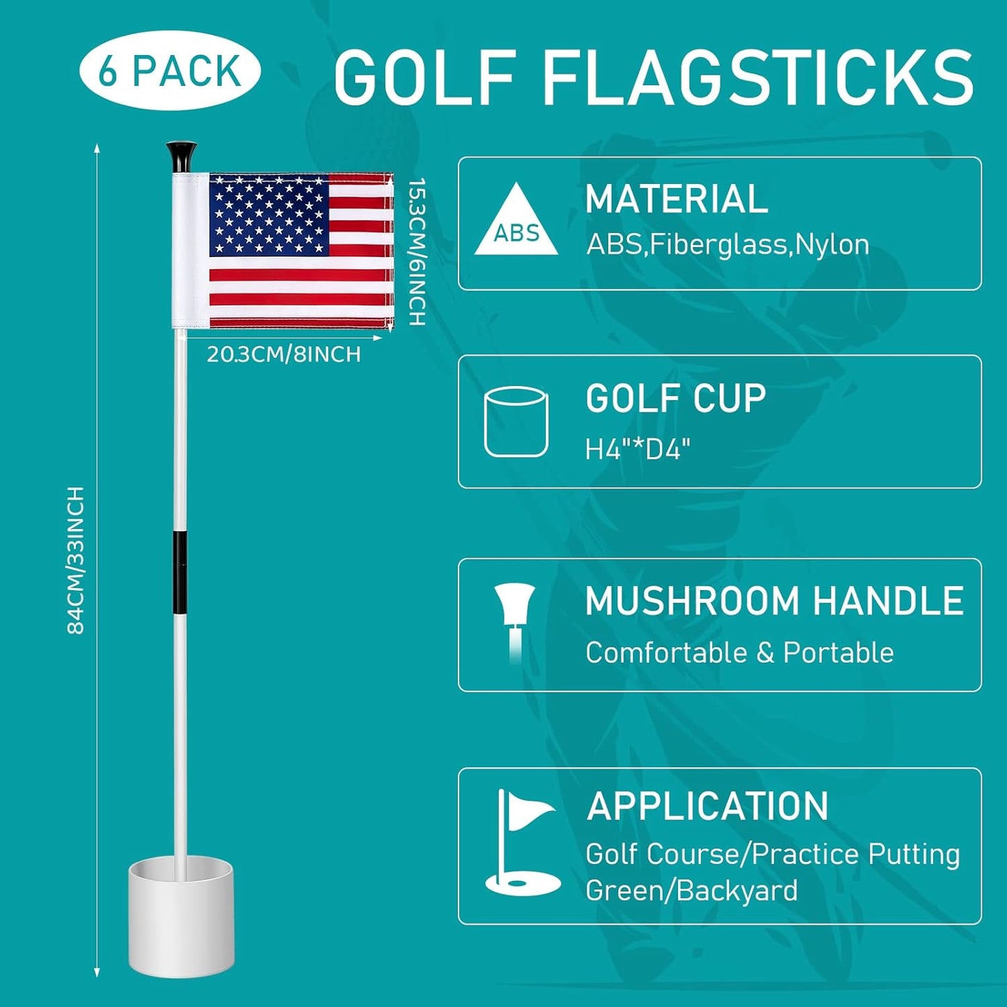 Deekin 6 Sets Golf Pin Flags Hole Cup Set Putting Green Flag for Yard Mini Practice Double Sided American Golf Flag Portable 2 Section Fiberglass USA Golf Flag, 6 x 8 Inches