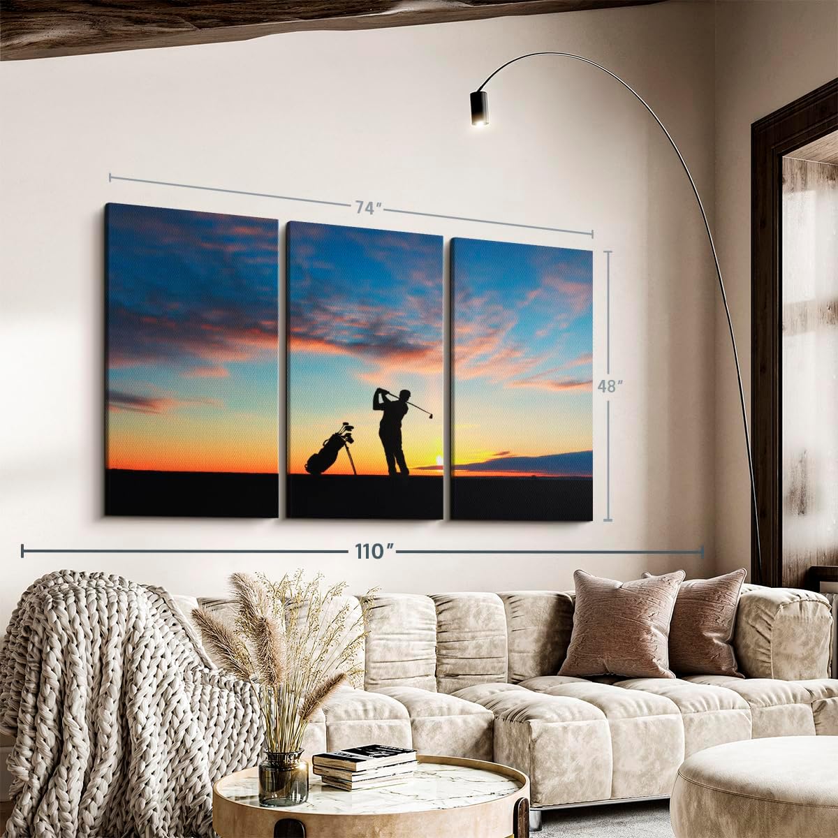 ElephantStock Golfing At Sunset Wall Art - Horizontal Canvas - 3-Piece Living Room Wall Decor - Golf Photography Canvas Print - Black and Orange Decor for Wall - 74" X 48"
