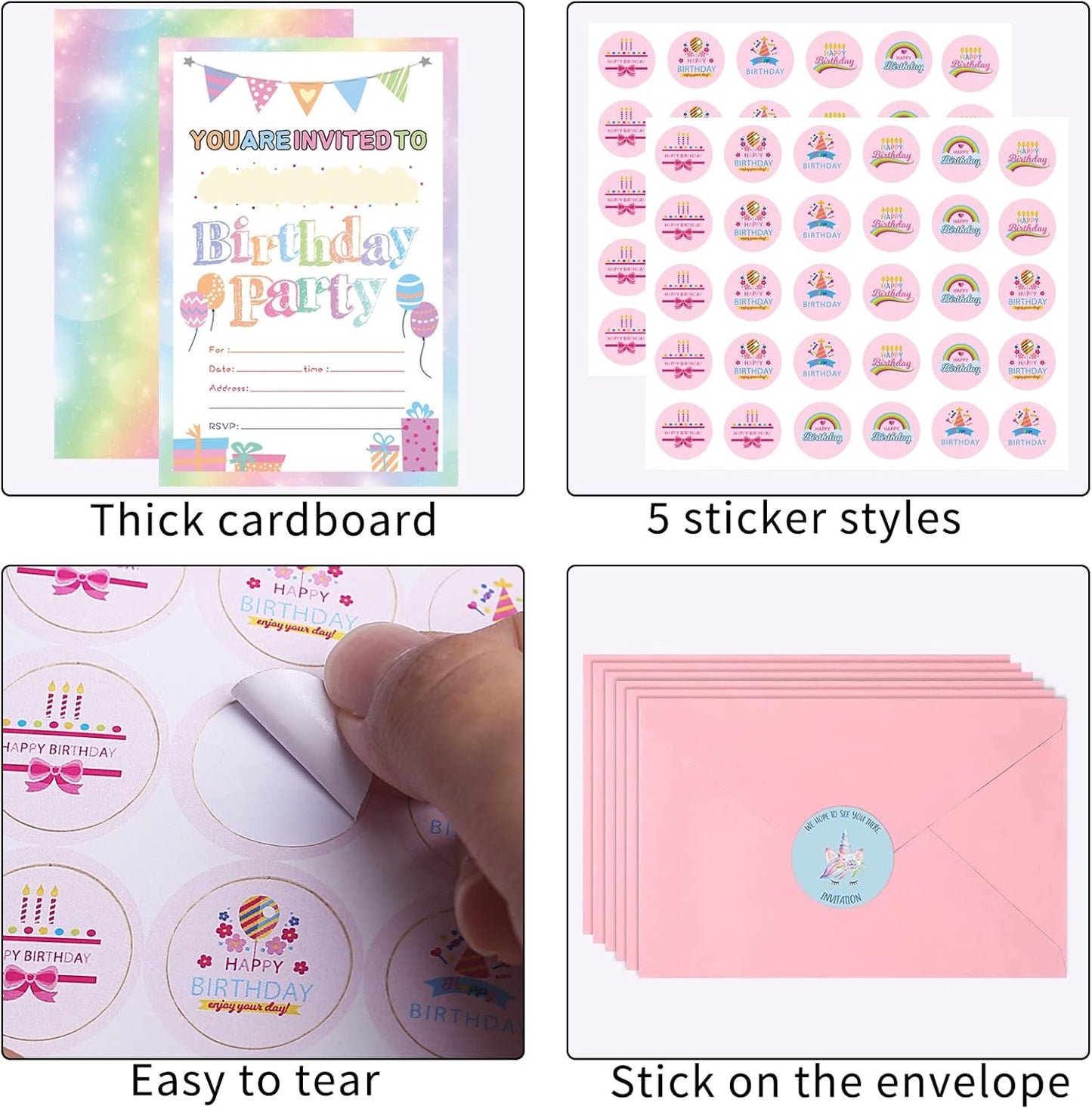 Idealmuzik 30 Pack Birthday Party Invitations for Girls with Envelopes and Sticker, Cute Birthday Party Invitations Cards for Kids, Party Decorations Supplies for Baby Shower Birthday Party