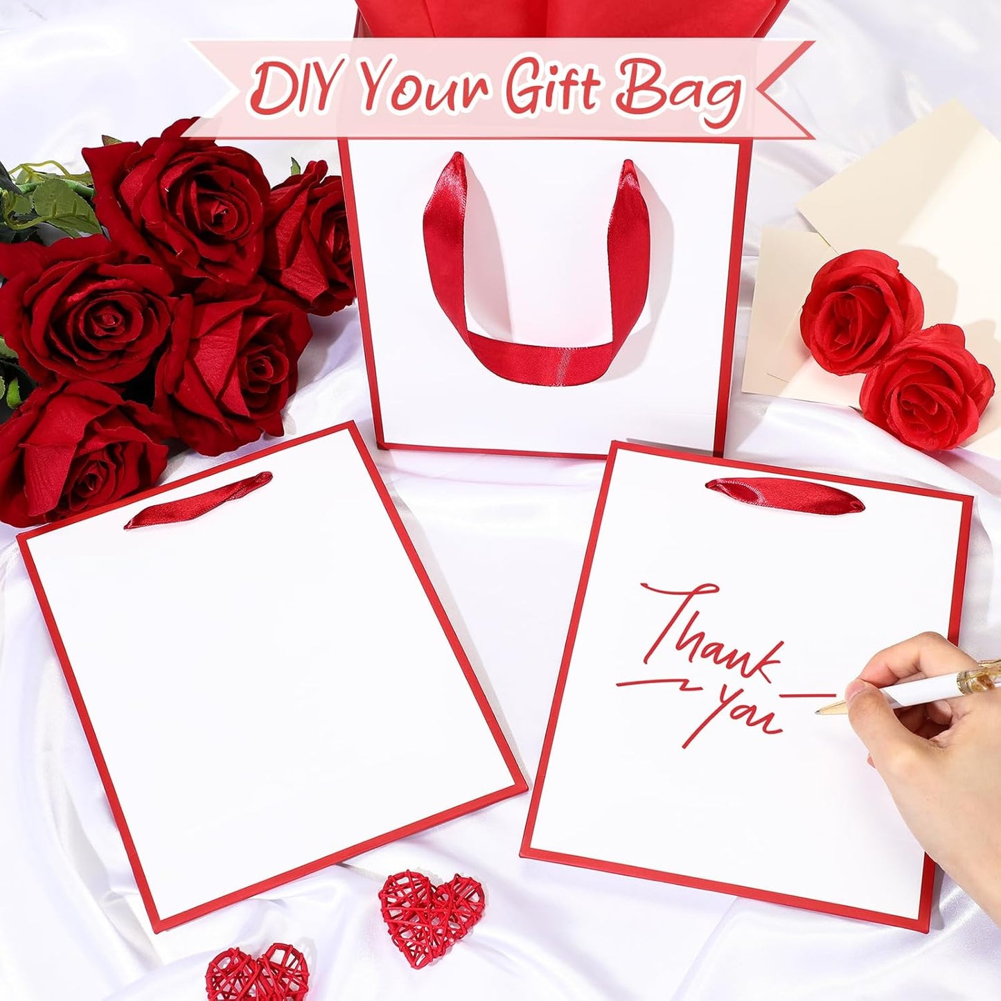 Yeaqee 24 Pack Metallic Paper Gift Bags with Handle and Tissue 9x7x3.1 Gold Foil Welcome Favor Bags Return Gifts for Wedding Fall 5 Senses Christmas Bridesmaid Birthday(White, Dark Red)