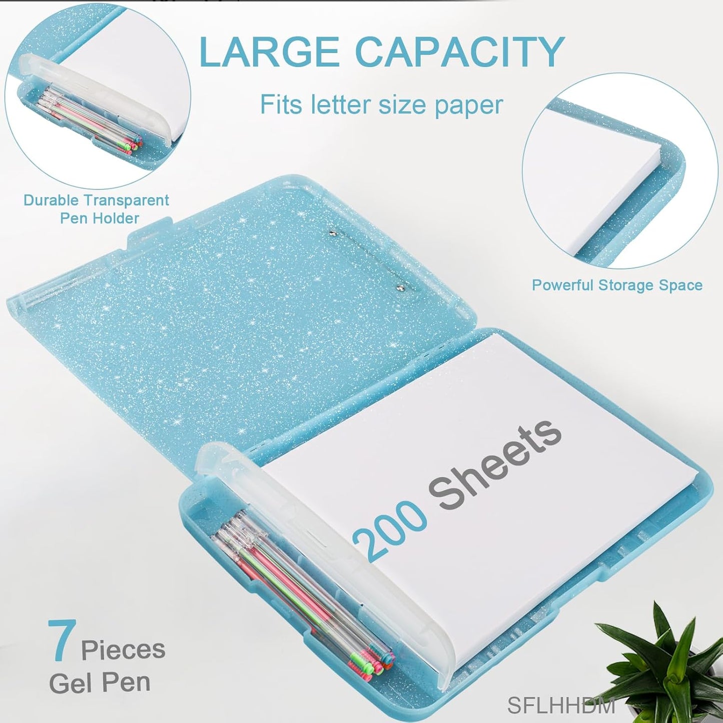 Glitter Clipboard with Storage,Storage Clipboard with Pen Holder,A4 Binder Clip Boards 8.5x11 with Low Profile Clip,Side Opening Sparkle Clipboards, Clipboards Folder for Office Supplies-Aqua Blue